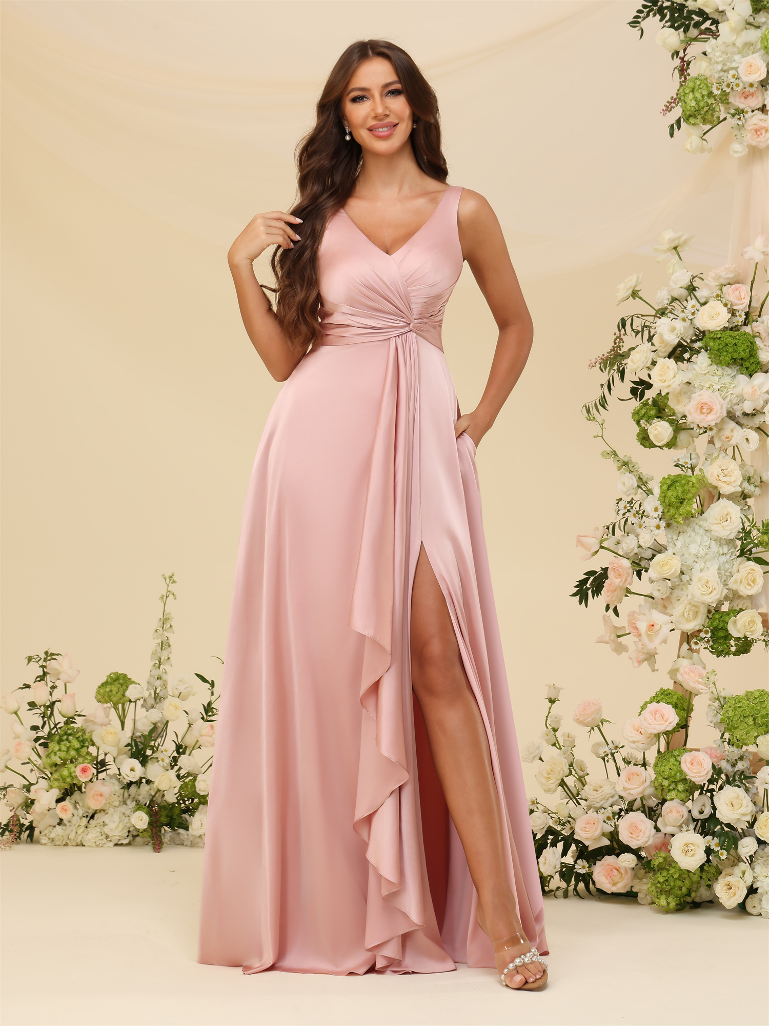 A-line V-neck Straps Satin Silt Lace Up Bridesmaid Dress #BM2507147