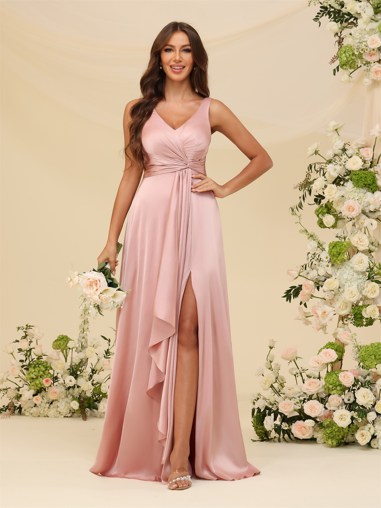 A-line V-neck Straps Satin Silt Lace Up Bridesmaid Dress #BM2507147