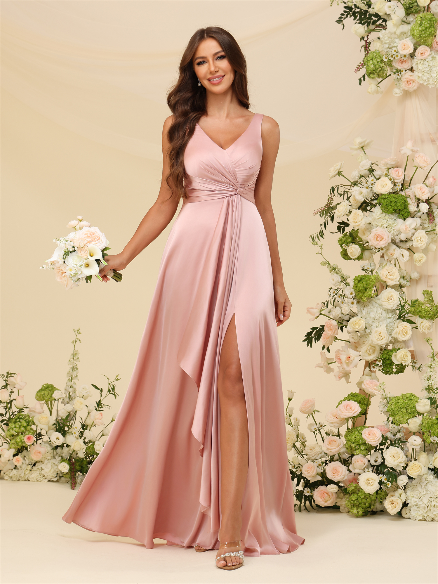 A-line V-neck Straps Satin Silt Lace Up Bridesmaid Dress #BM2507147