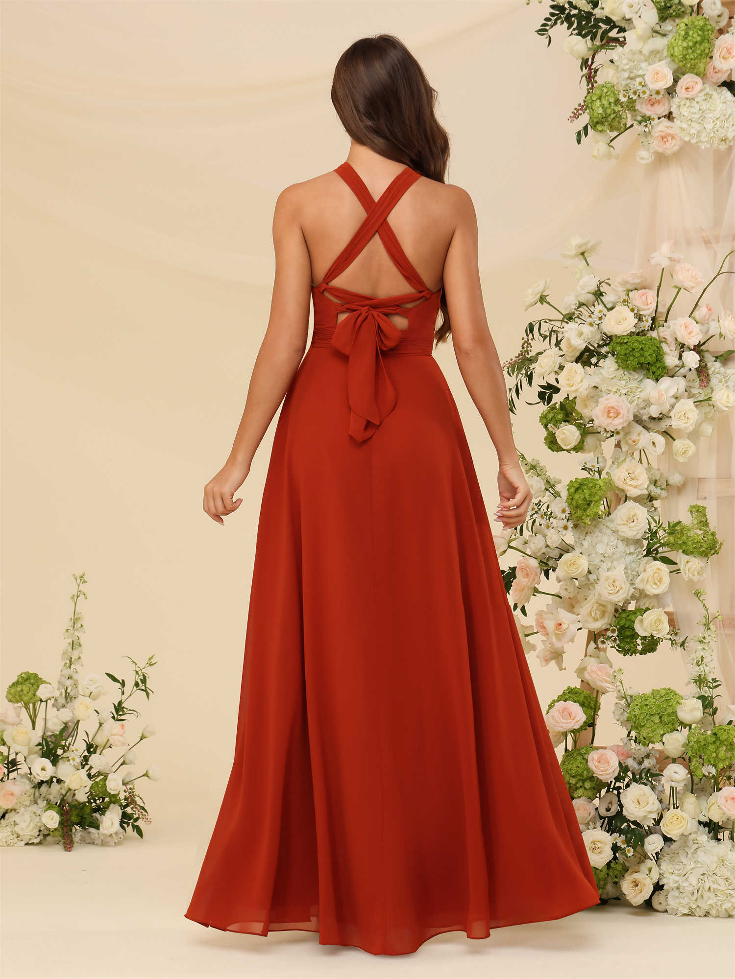 A-line Halter Chiffon Crossed Straps Sleeveless Bridesmaid Dress #BM2505097