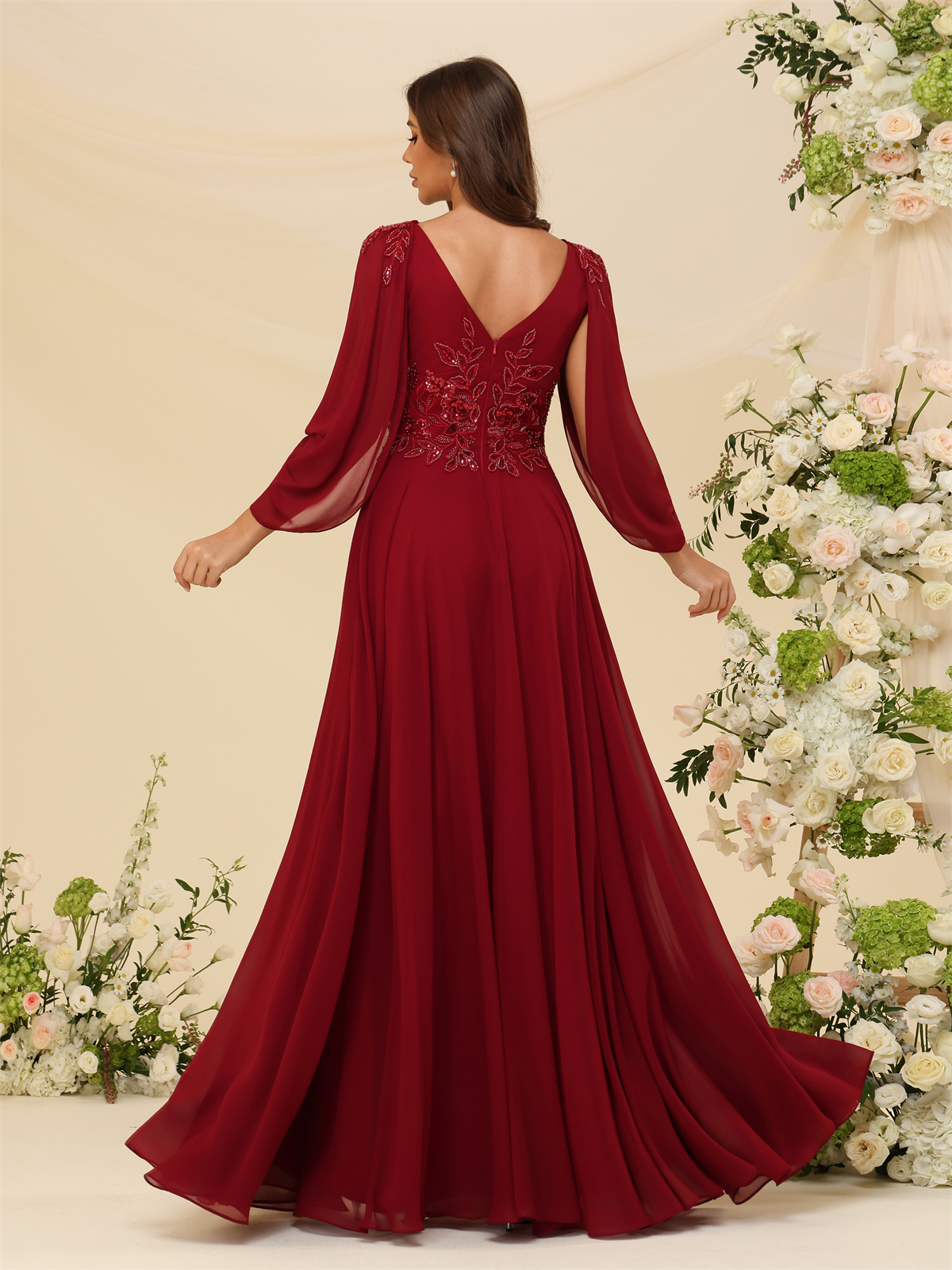 A-line V-neck Chiffon V-back Long Sleeves Mother of The Bride Dress #BM2501034
