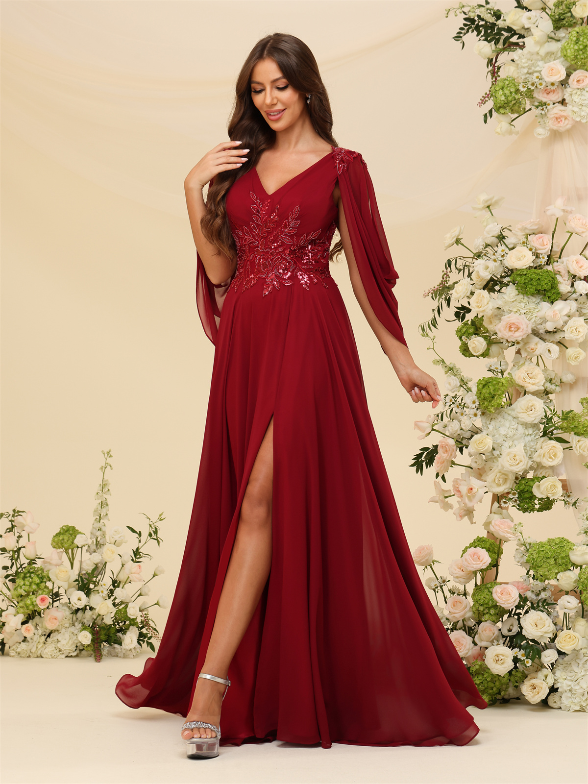 A-line V-neck Chiffon V-back Long Sleeves Mother of The Bride Dress #BM2501034