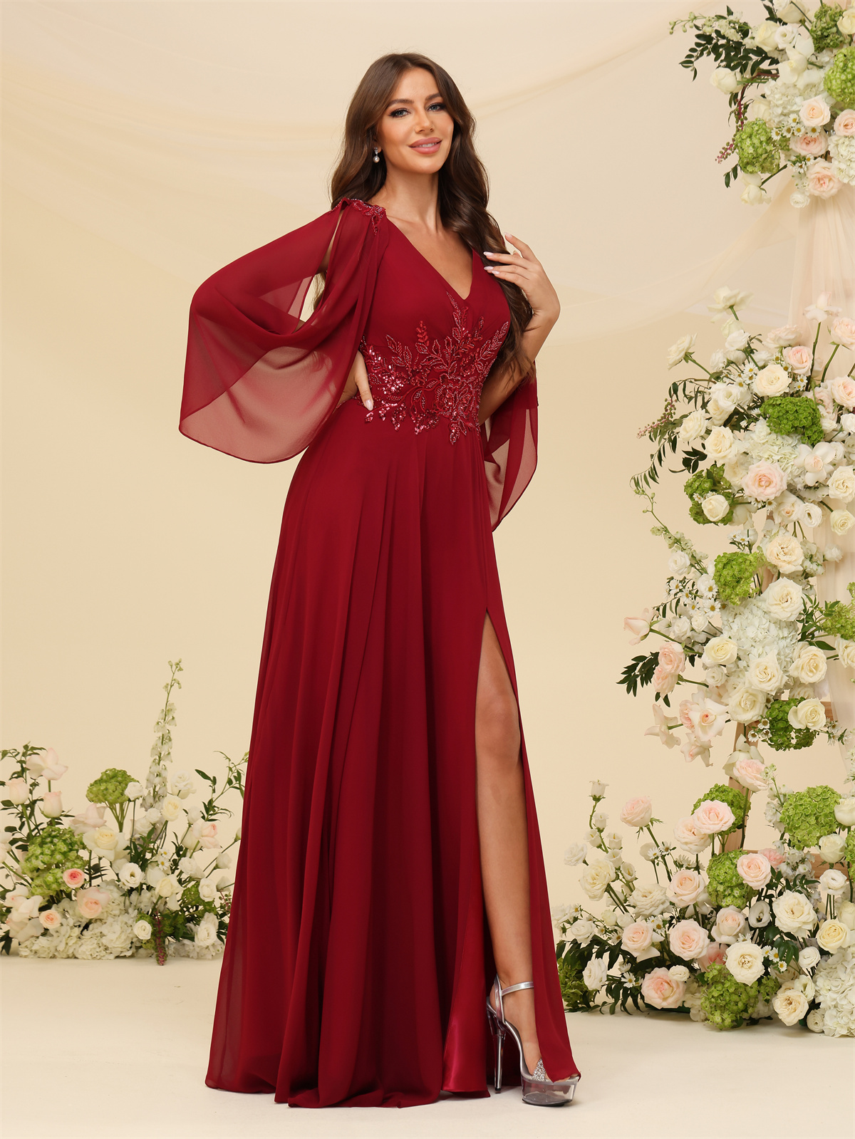 A-line V-neck Chiffon V-back Long Sleeves Mother of The Bride Dress #BM2501034