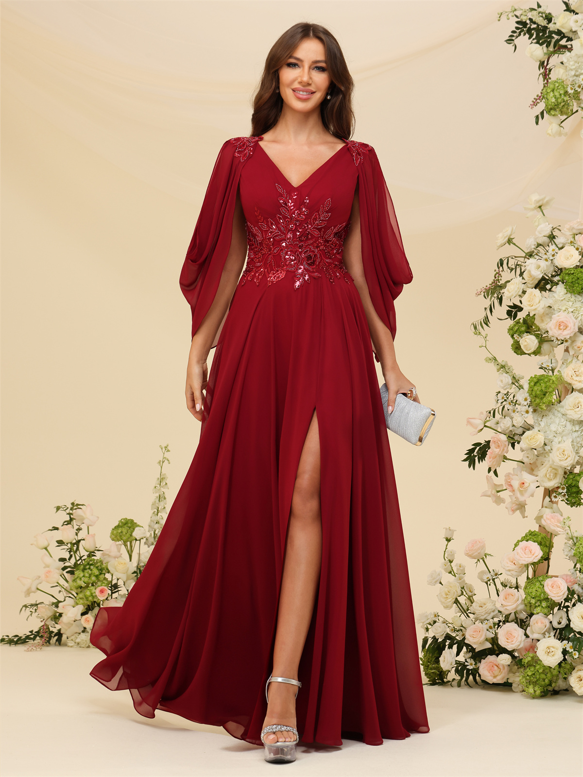 A-line V-neck Chiffon V-back Long Sleeves Mother of The Bride Dress #BM2501034