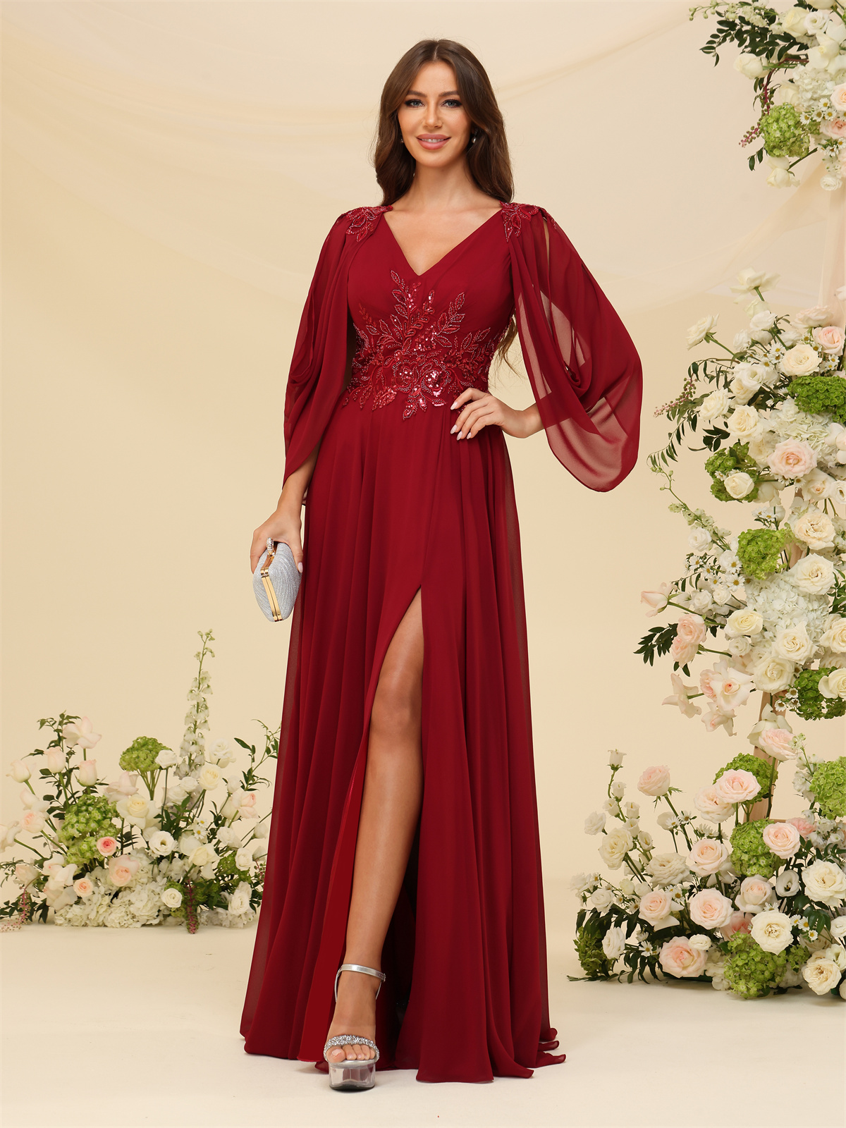 A-line V-neck Chiffon V-back Long Sleeves Mother of The Bride Dress #BM2501034