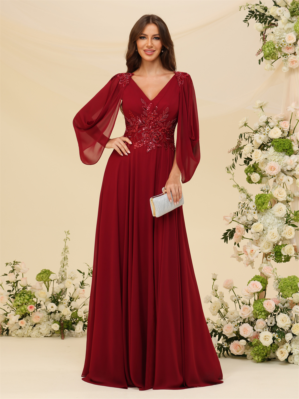 A-line V-neck Chiffon V-back Long Sleeves Mother of The Bride Dress #BM2501034