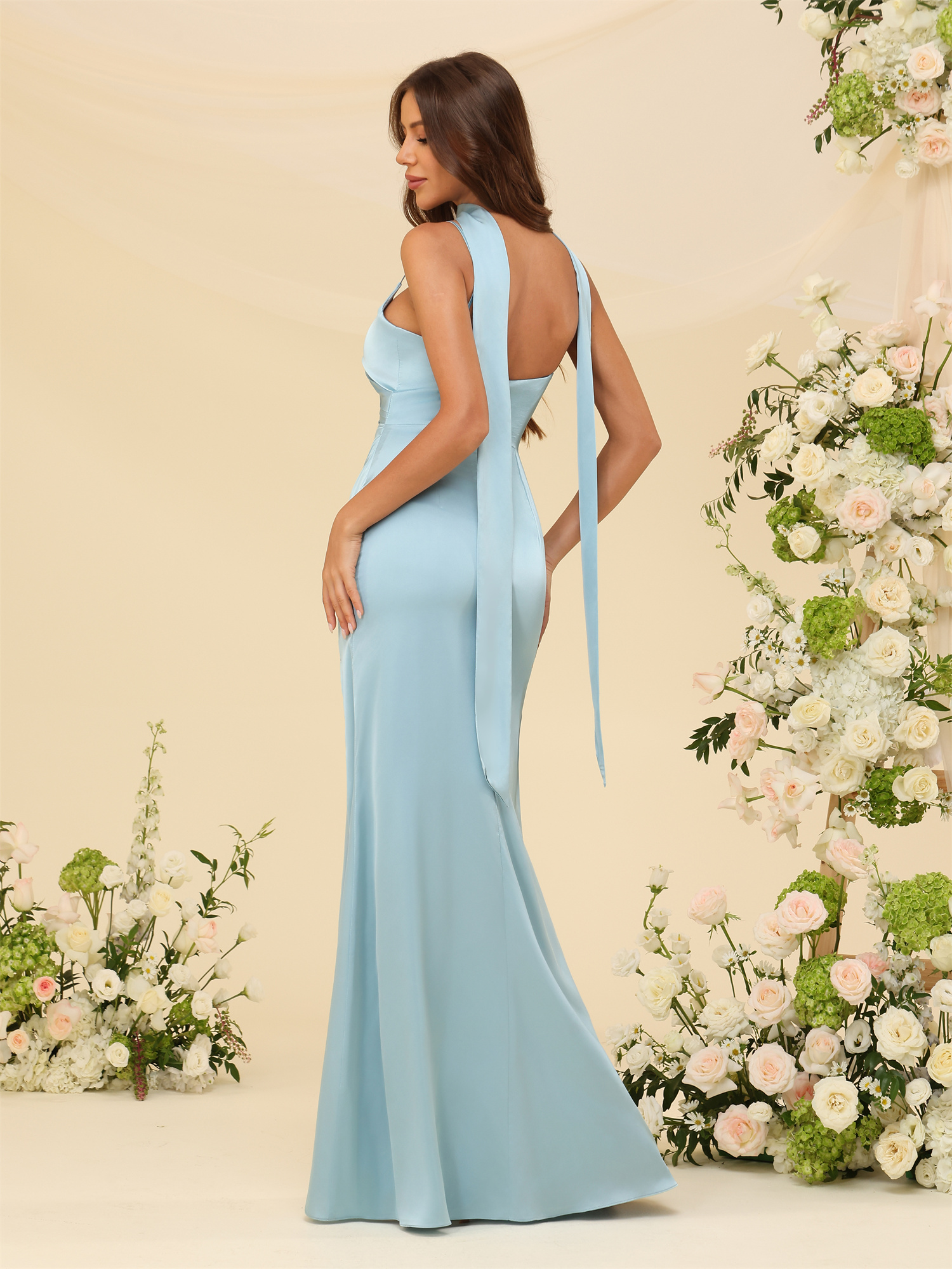 Mermaid U-neck Spaghetti Straps Satin Silt Bridesmaid Dress #BM2507145