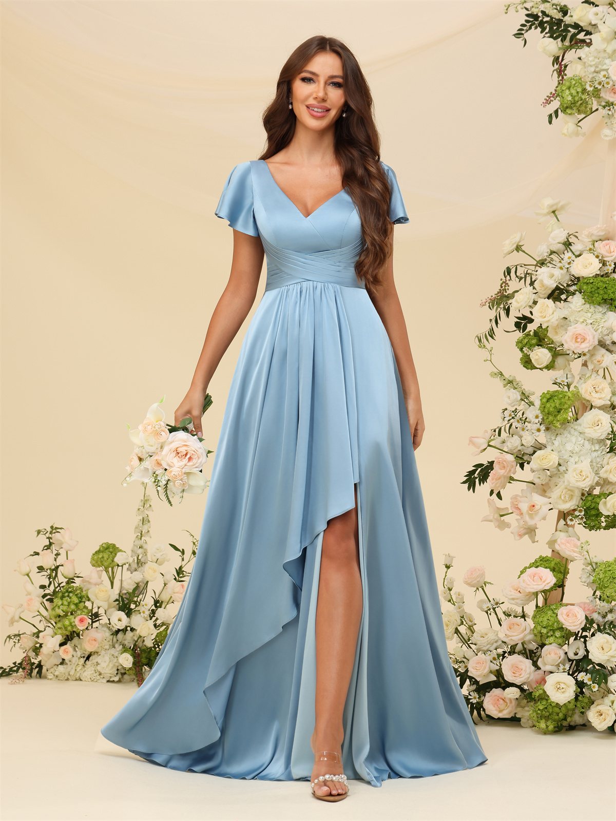 A-line V-neck Short Sleeves Satin Silt Bridesmaid Dress #BM2508022