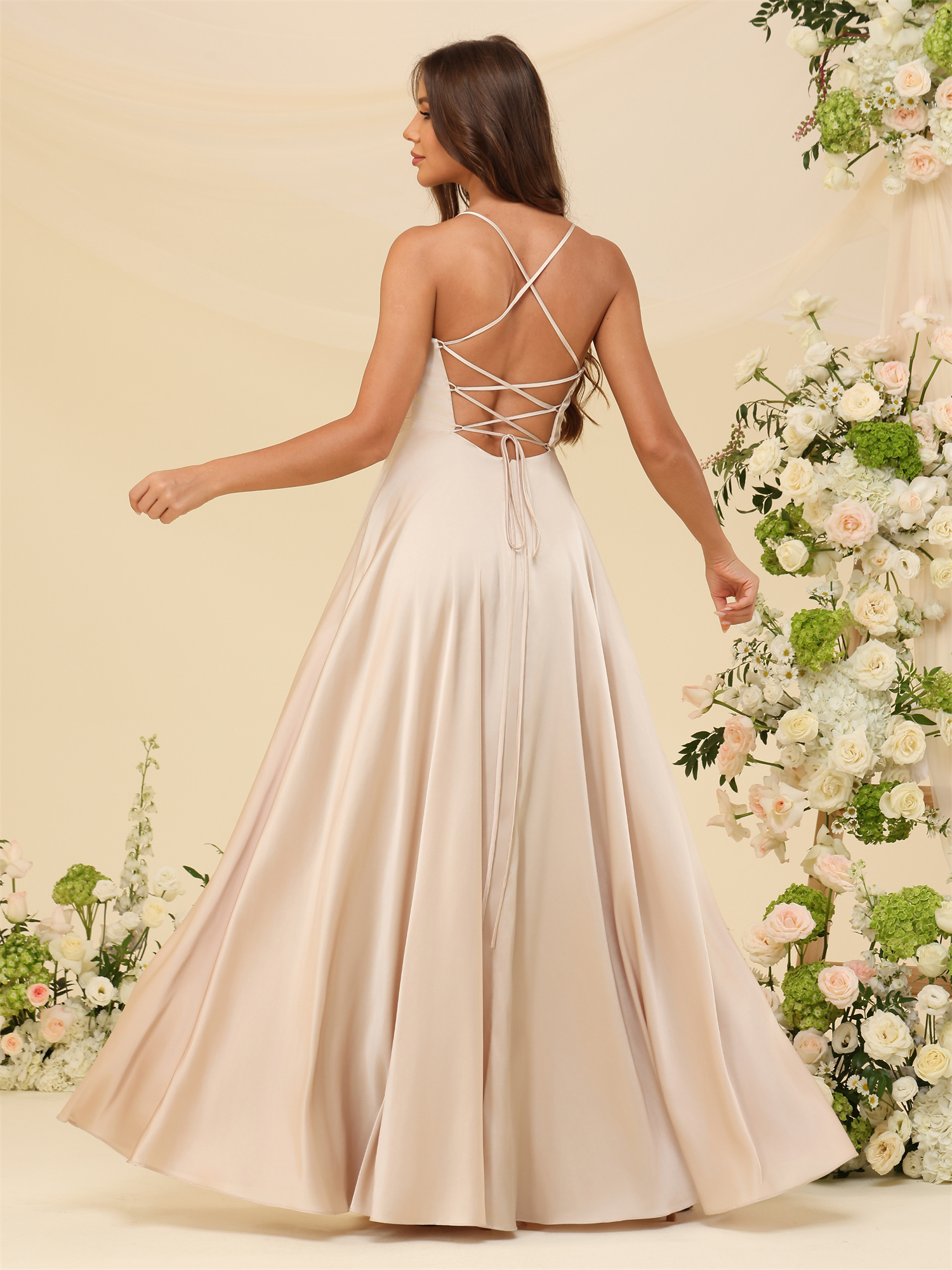 A-line V-neck Spaghetti Straps Satin Silt Bridesmaid Dress #BM2507218