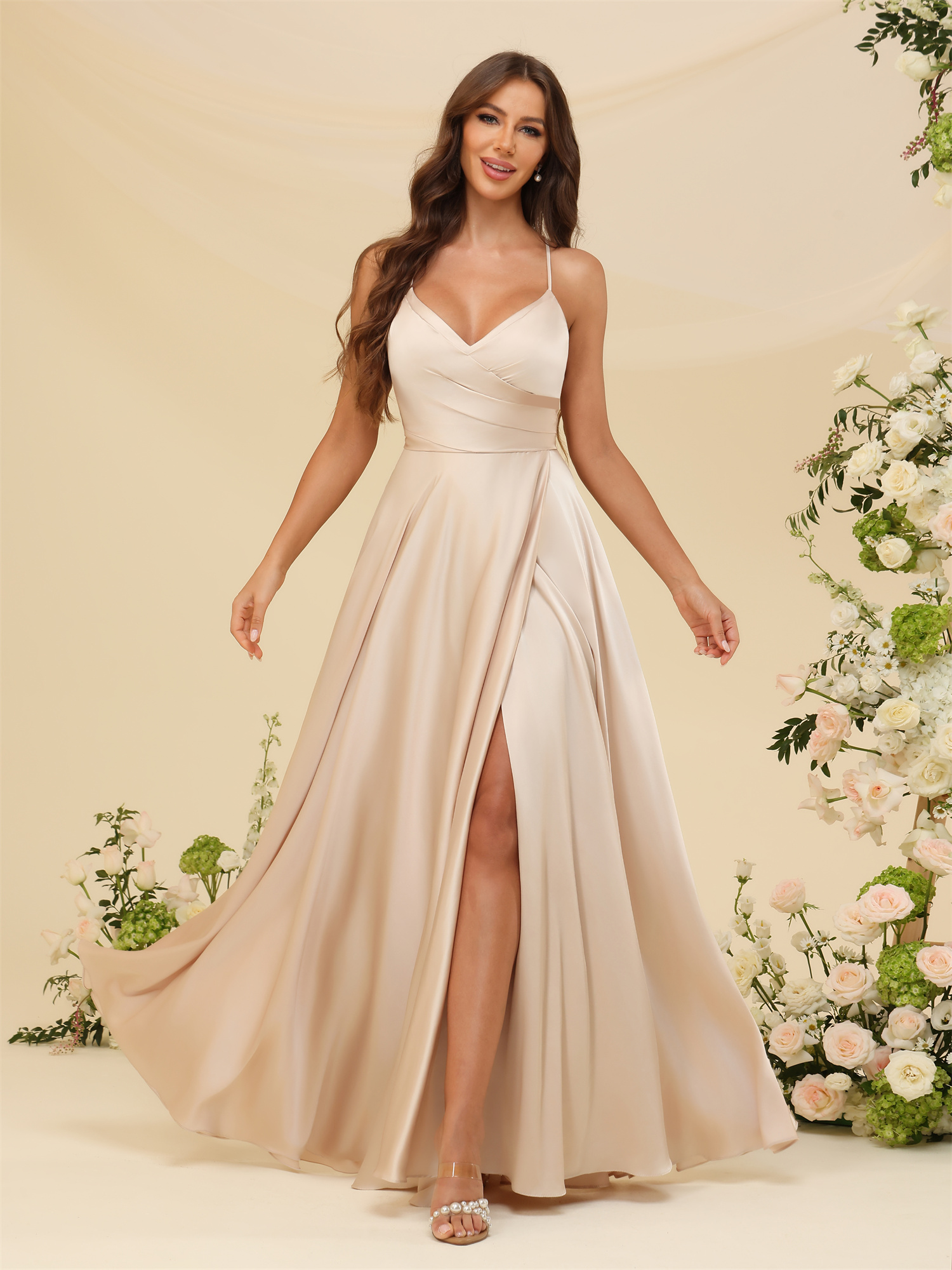 A-line V-neck Spaghetti Straps Satin Silt Bridesmaid Dress #BM2507218