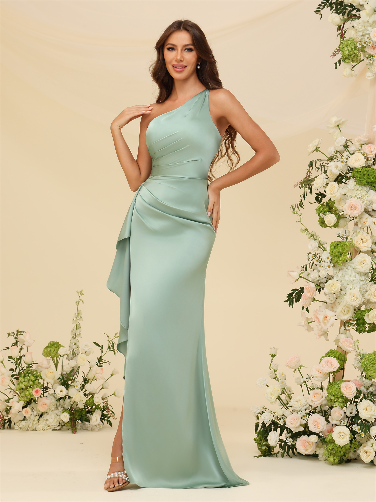 Mermaid One Shoulder Satin Silt Bridesmaid Dress #BM2507139