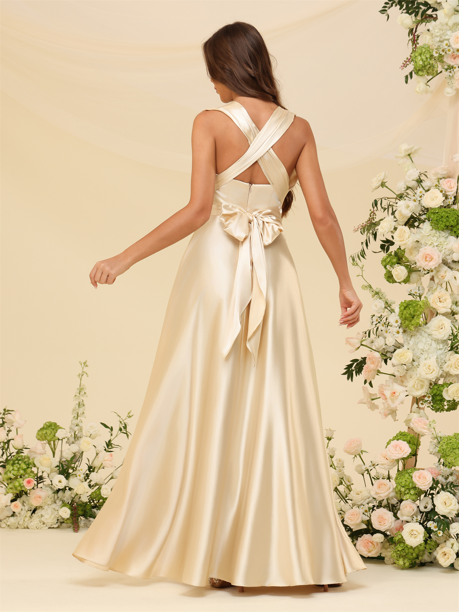 A-line Halter Satin Silt Crossed Straps Bridesmaid Dress #BM2507220