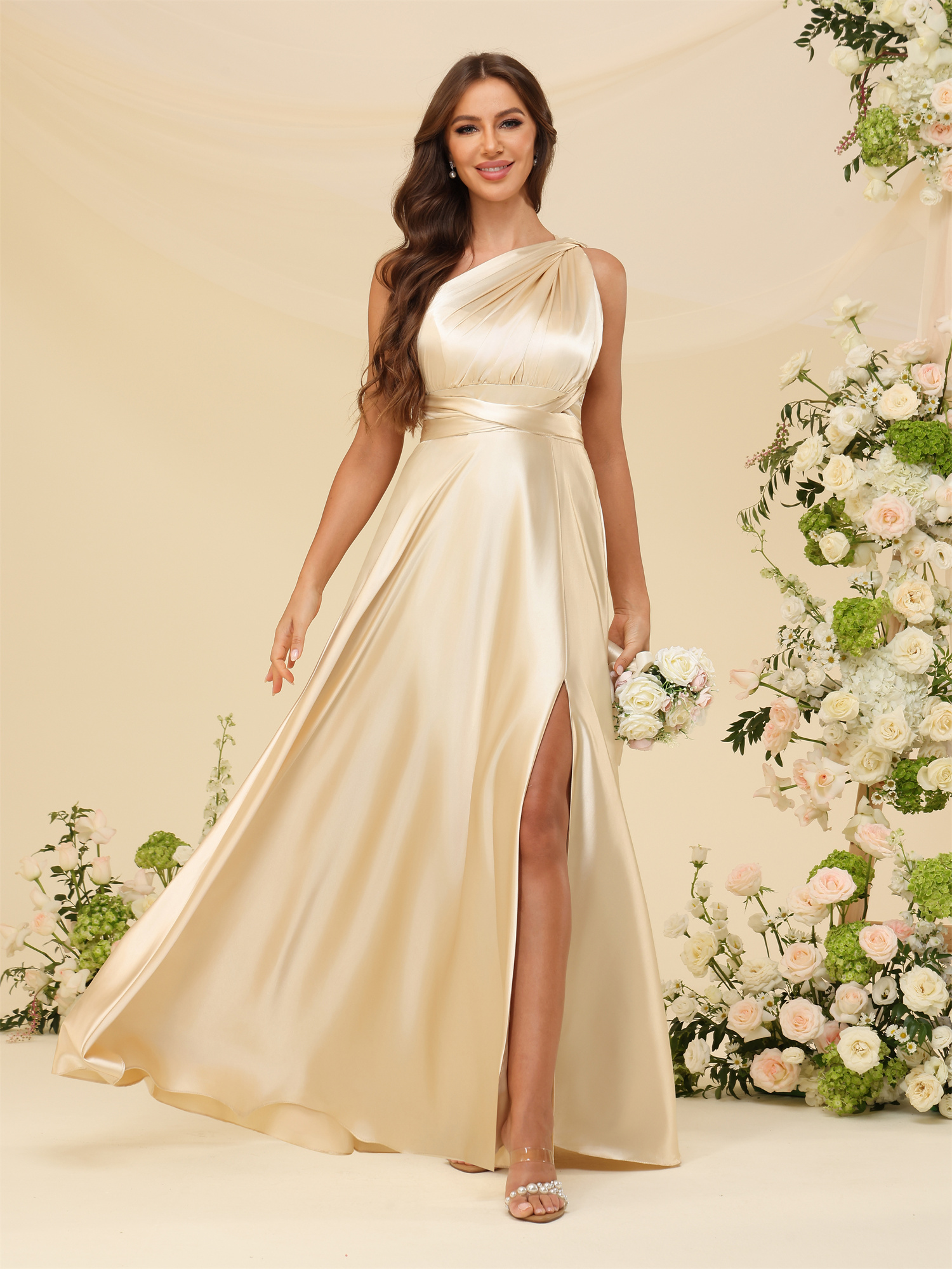 A-line Halter Satin Silt Crossed Straps Bridesmaid Dress #BM2507220