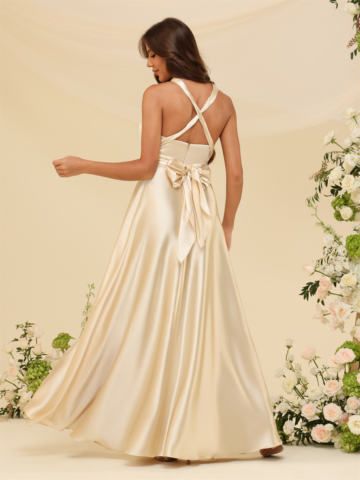 A-line Halter Satin Silt Crossed Straps Bridesmaid Dress #BM2507220