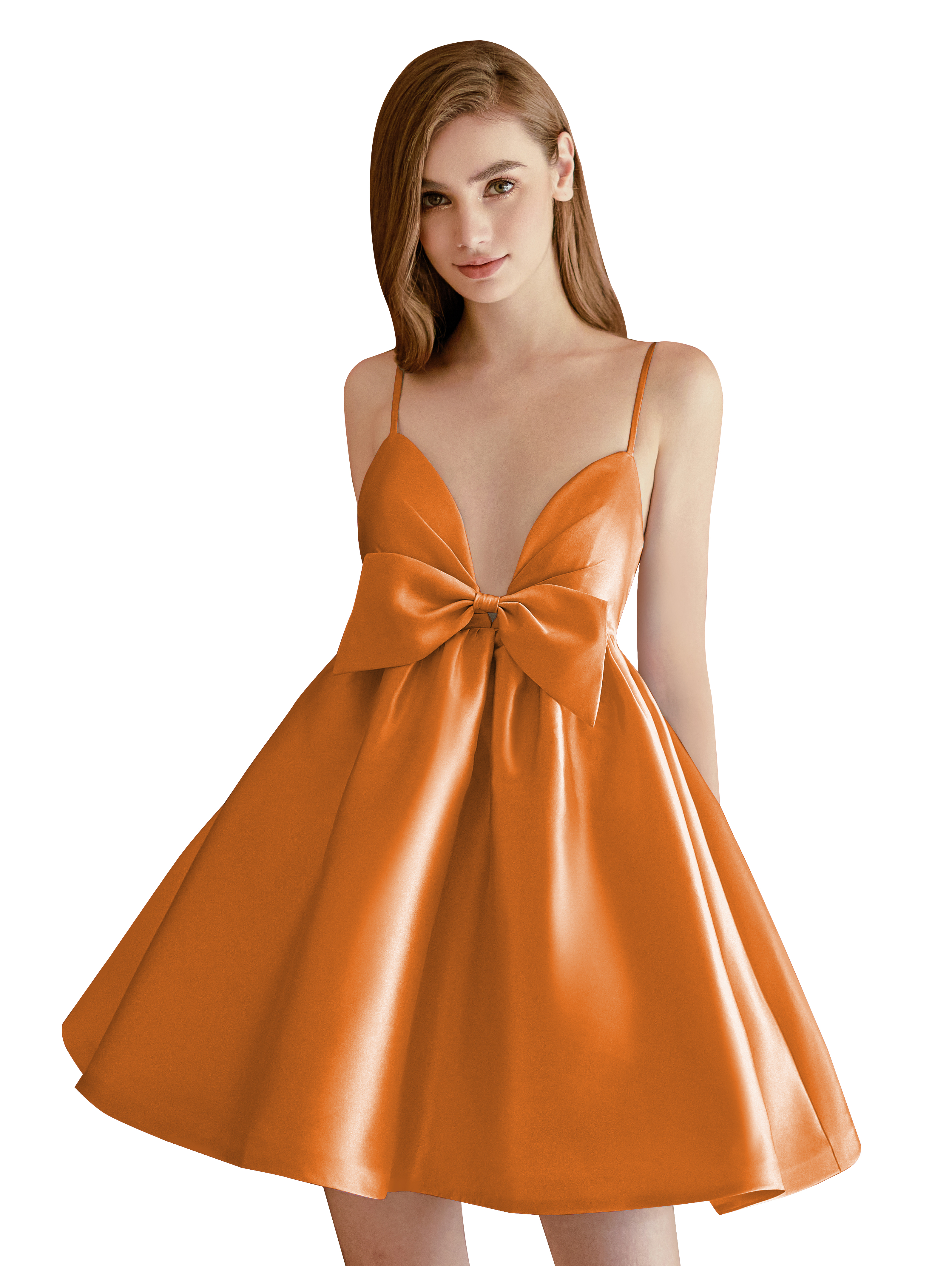 A-line V-neck Spaghetti Strap Satin Cocktail Party Homecoming Dress with Bows #HC2604024