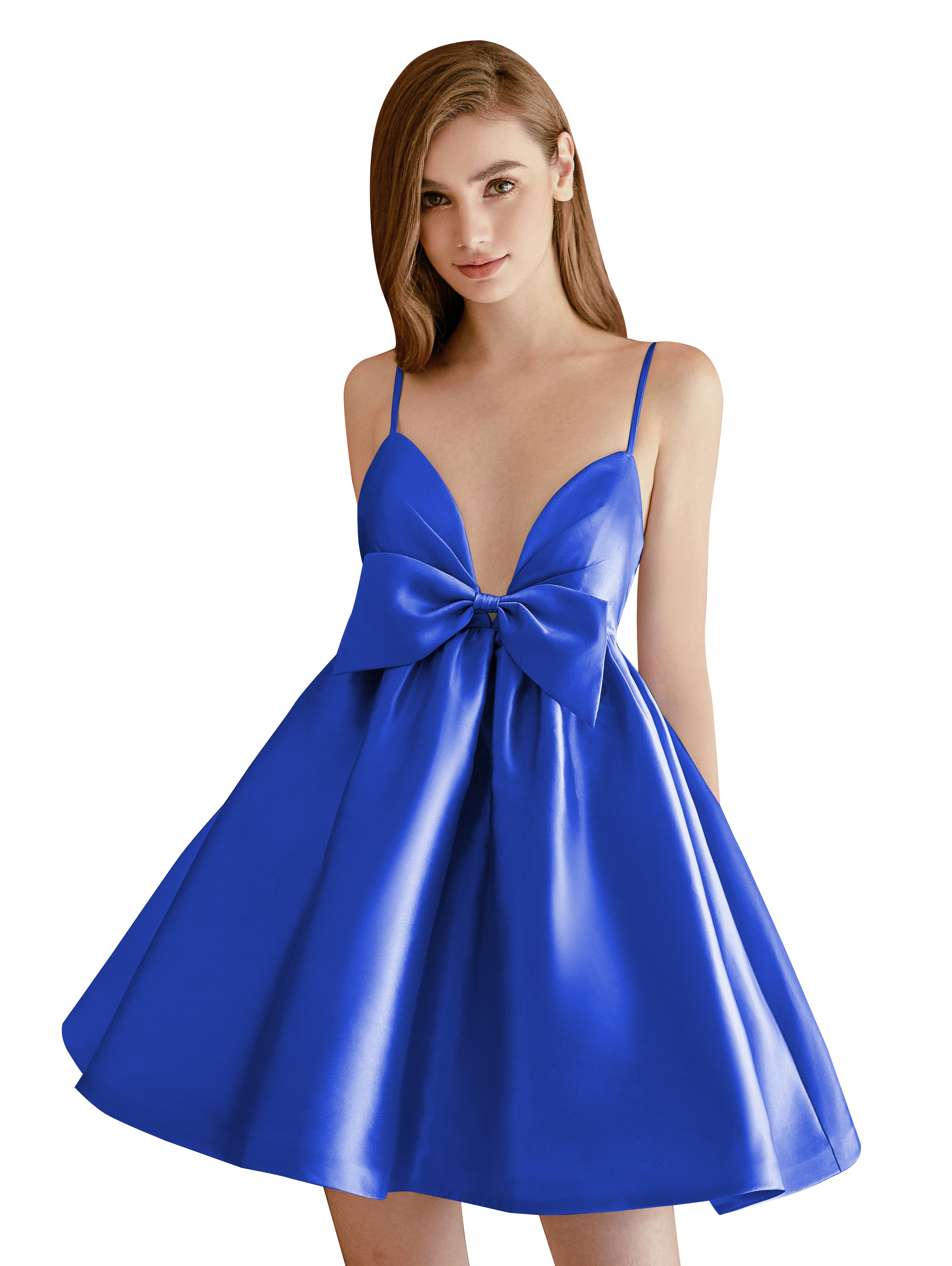 A-line V-neck Spaghetti Strap Satin Cocktail Party Homecoming Dress with Bows #HC2604024