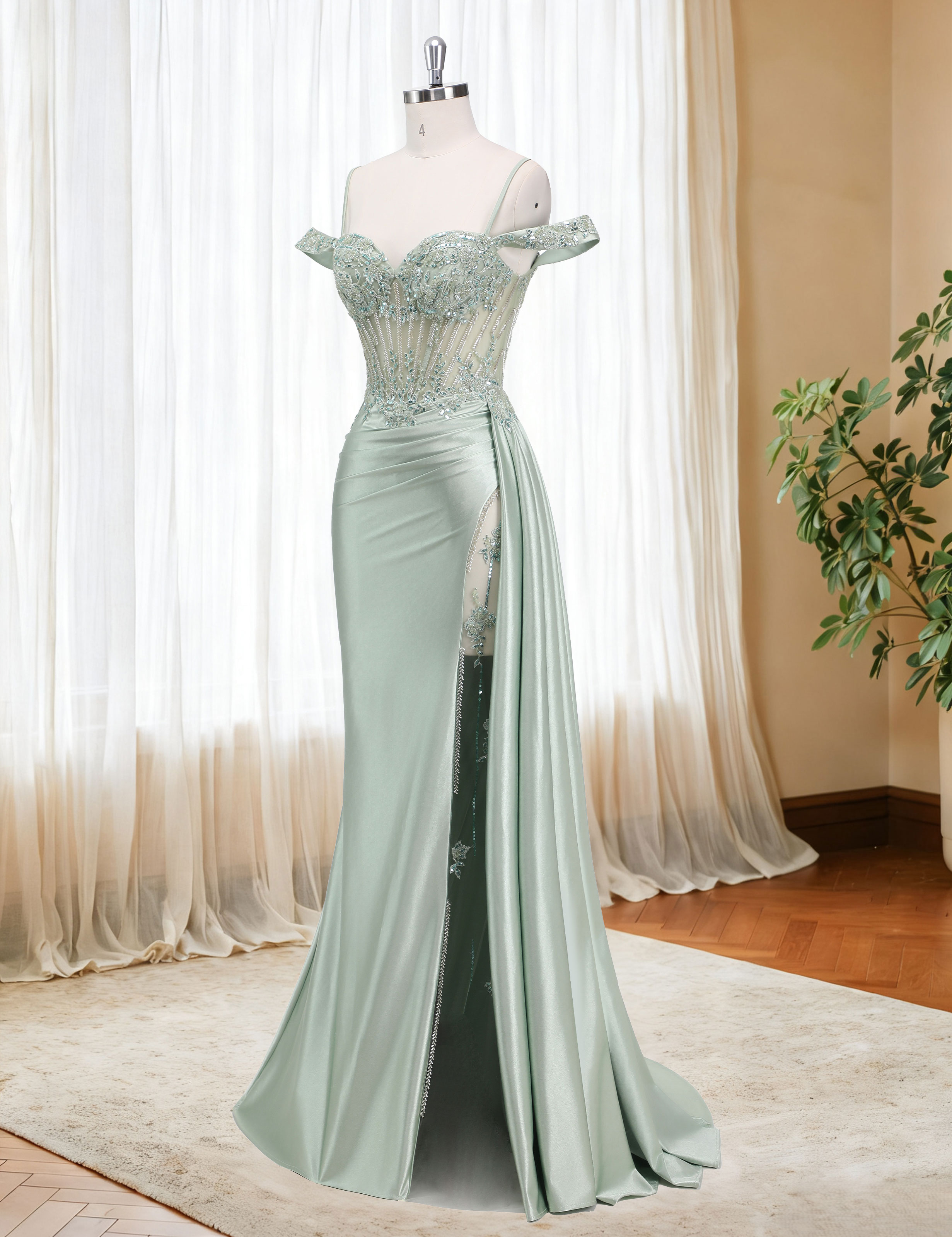 Mermaid Off Shoulder Beaded Sequin Appliques Satin Slit Prom Dress #PR2510009