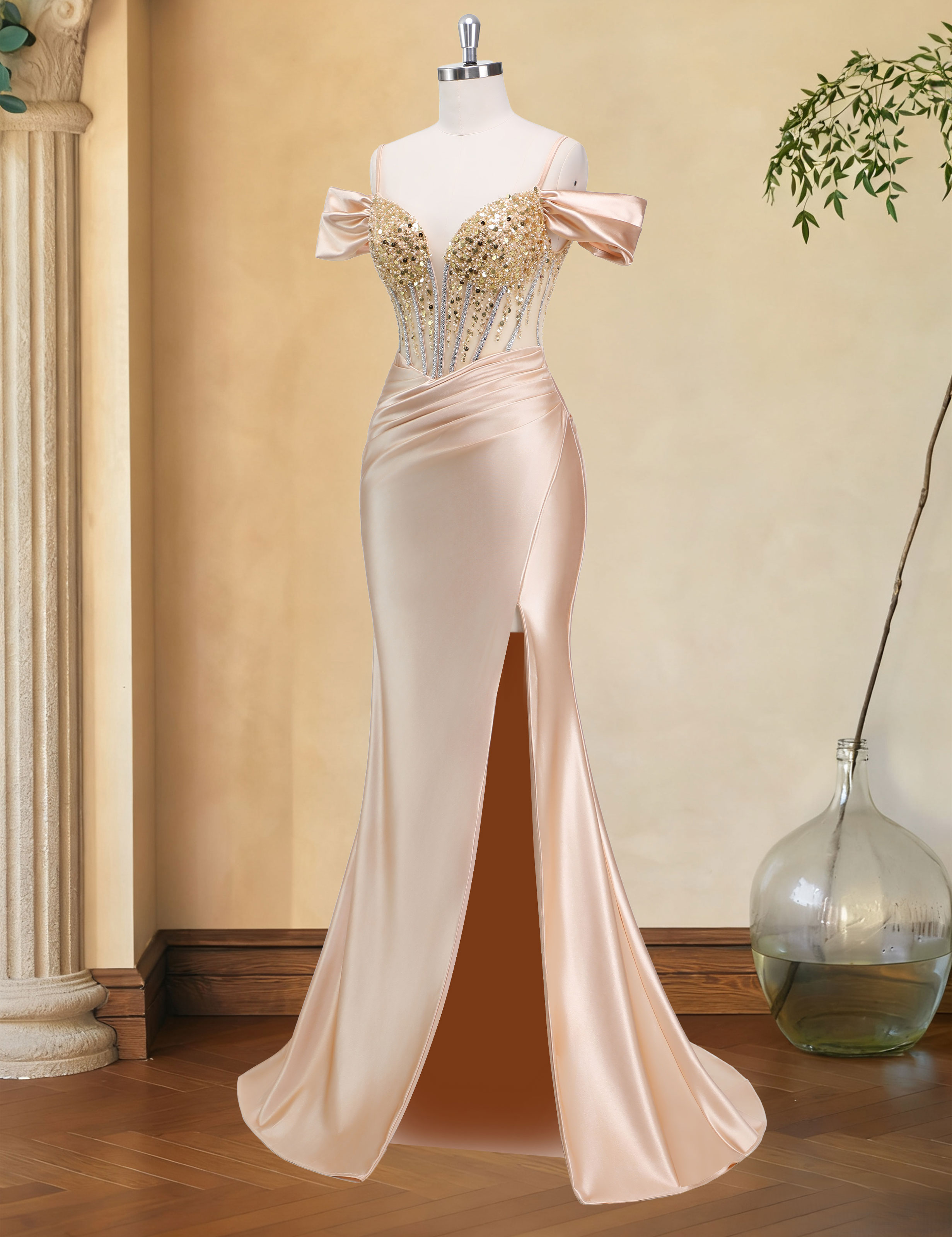 Mermaid V-neck Off Shoulder Beaded Sequin Satin Slit Prom Dress #PR2510014