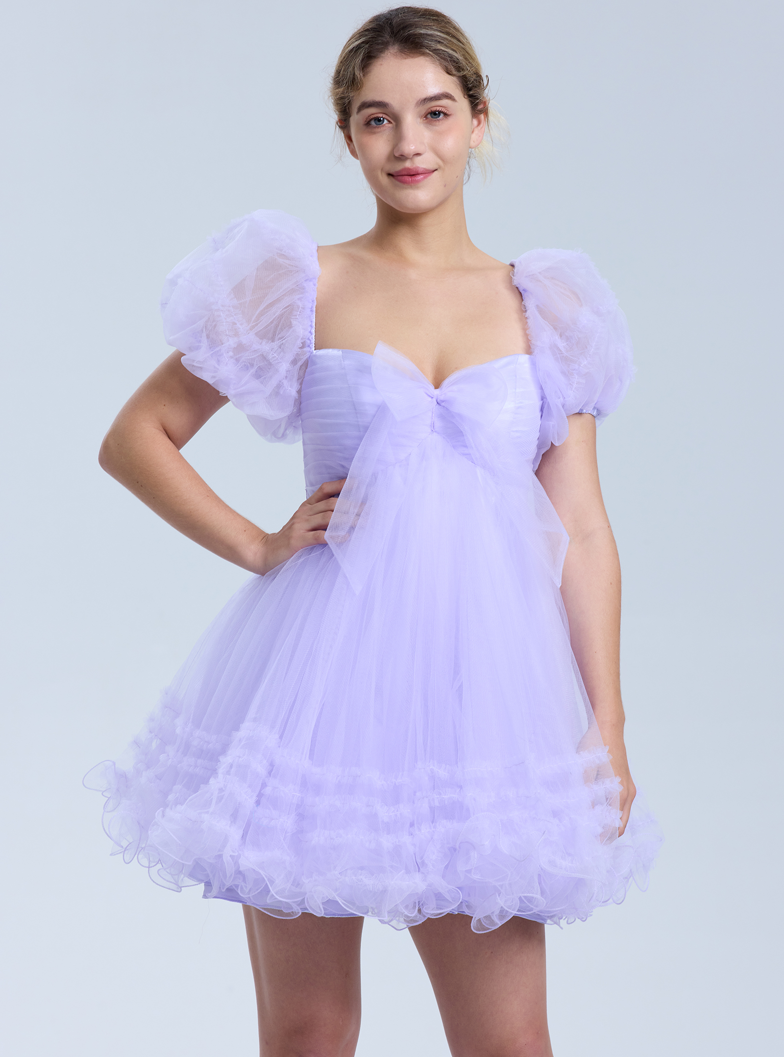 A-line Sweetheart Ruffles Tulle Puffy Sleeves Homecoming Dress #HC2401063