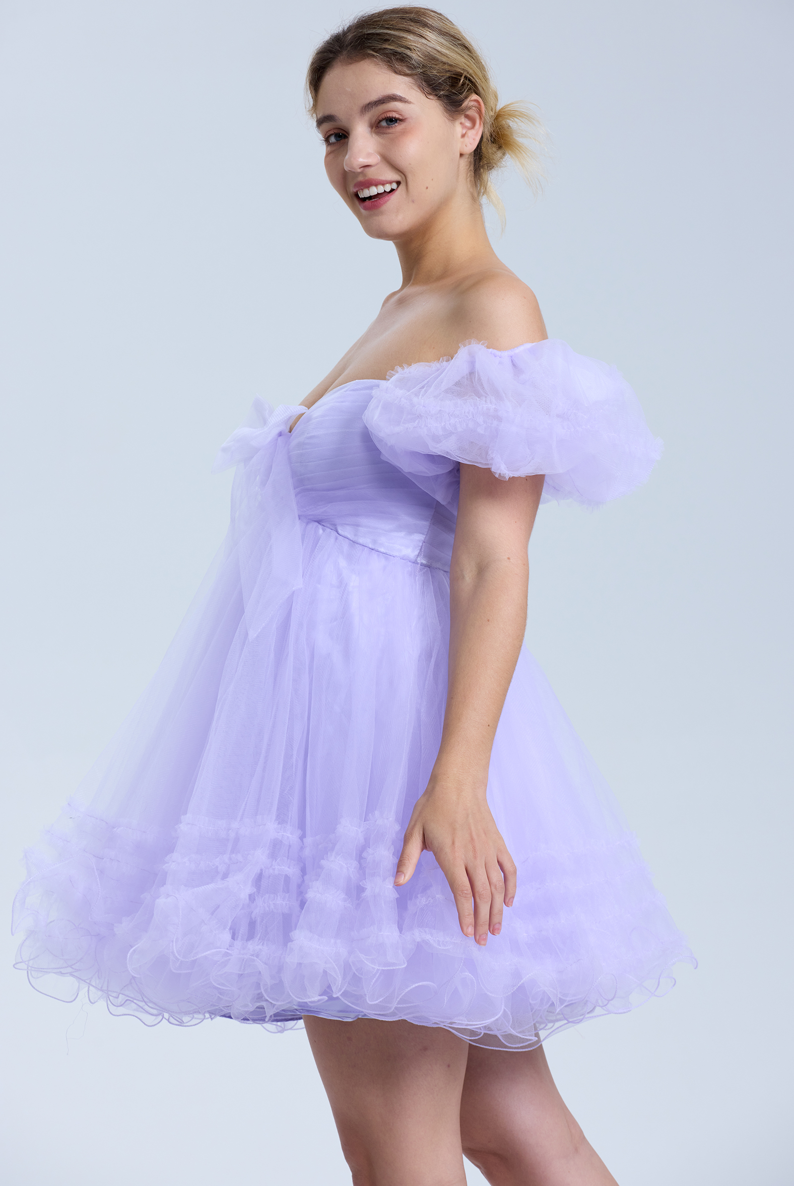 A-line Sweetheart Ruffles Tulle Puffy Sleeves Homecoming Dress #HC2401063