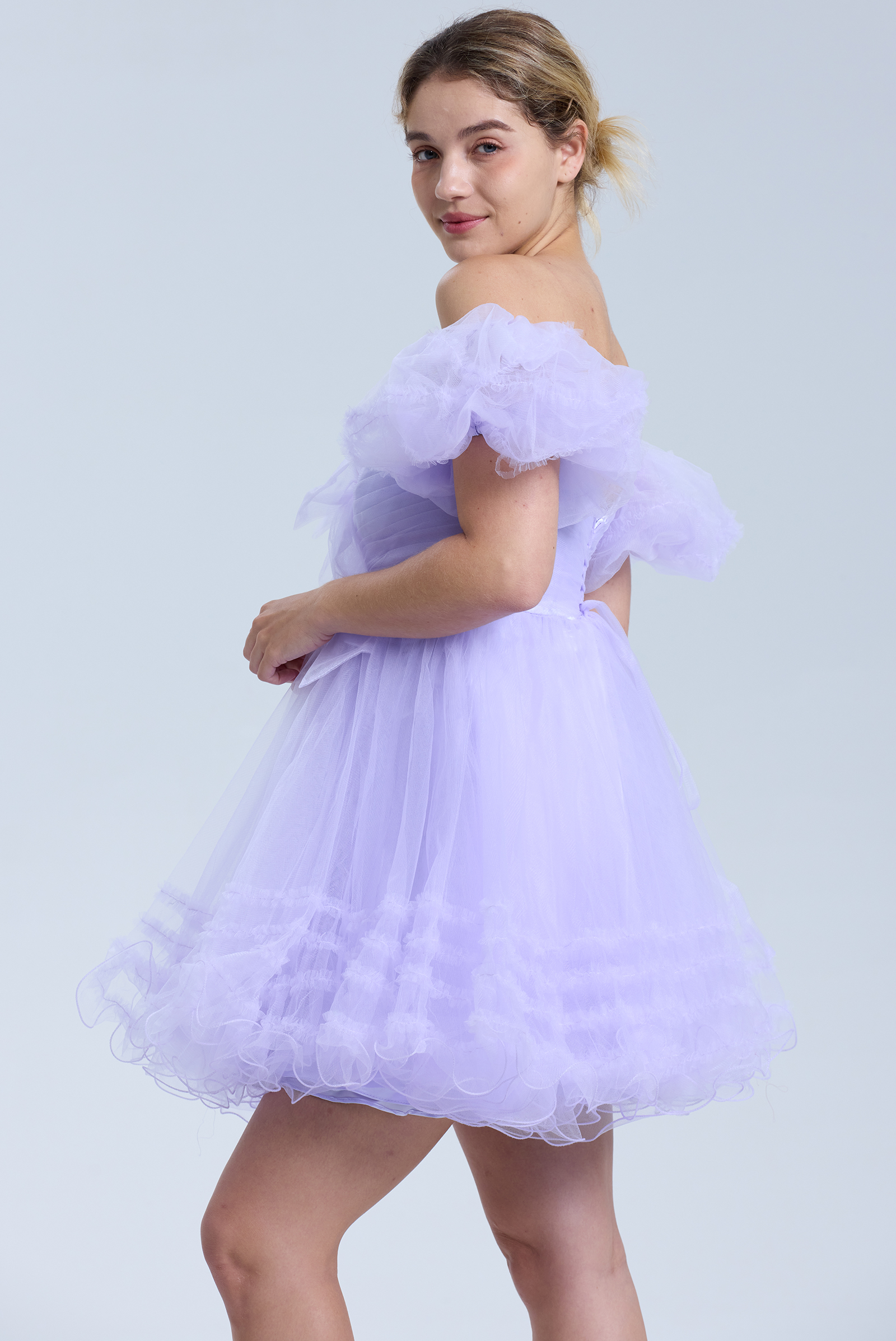 A-line Sweetheart Ruffles Tulle Puffy Sleeves Homecoming Dress #HC2401063