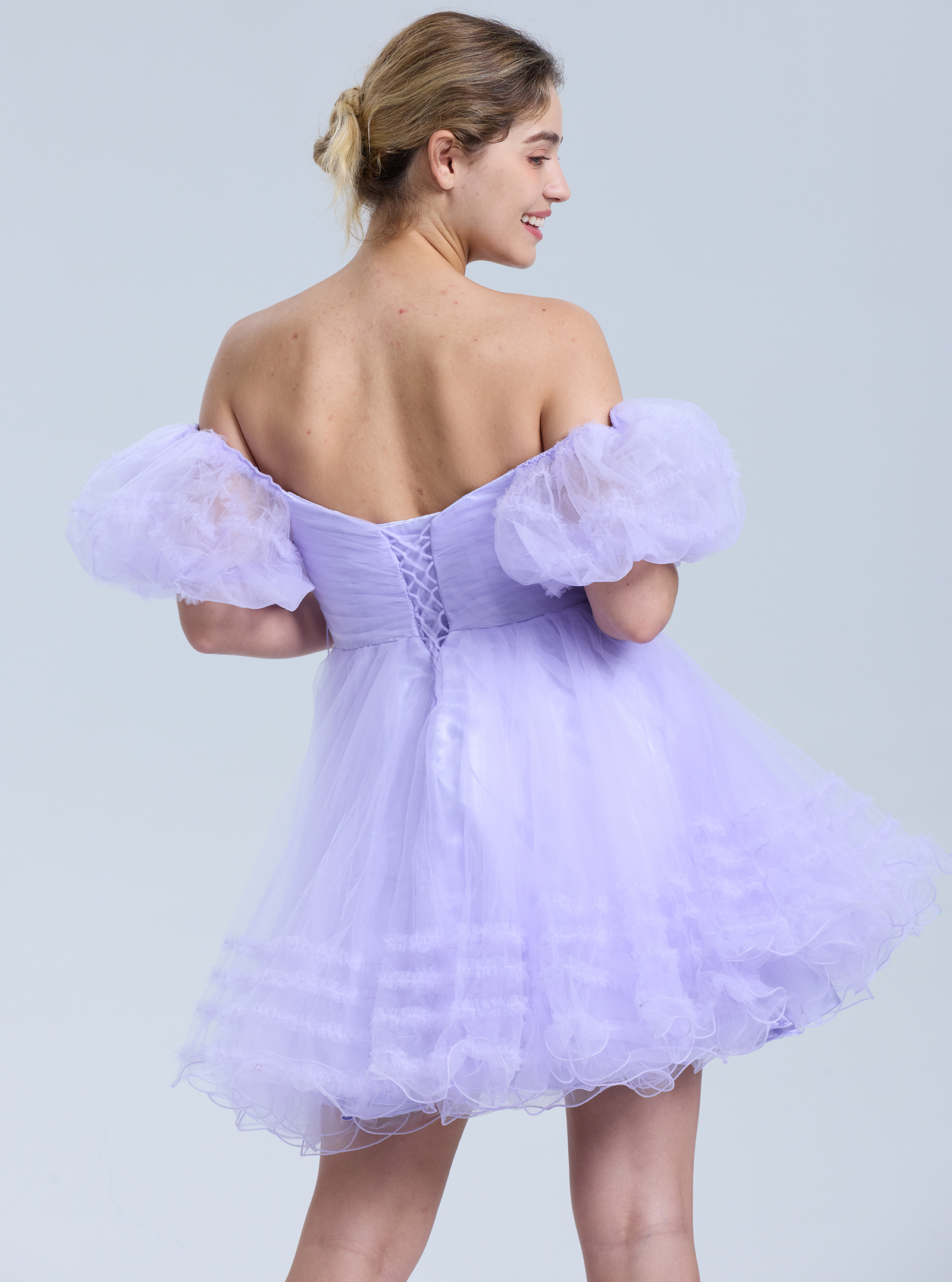 A-line Sweetheart Ruffles Tulle Puffy Sleeves Homecoming Dress #HC2401063