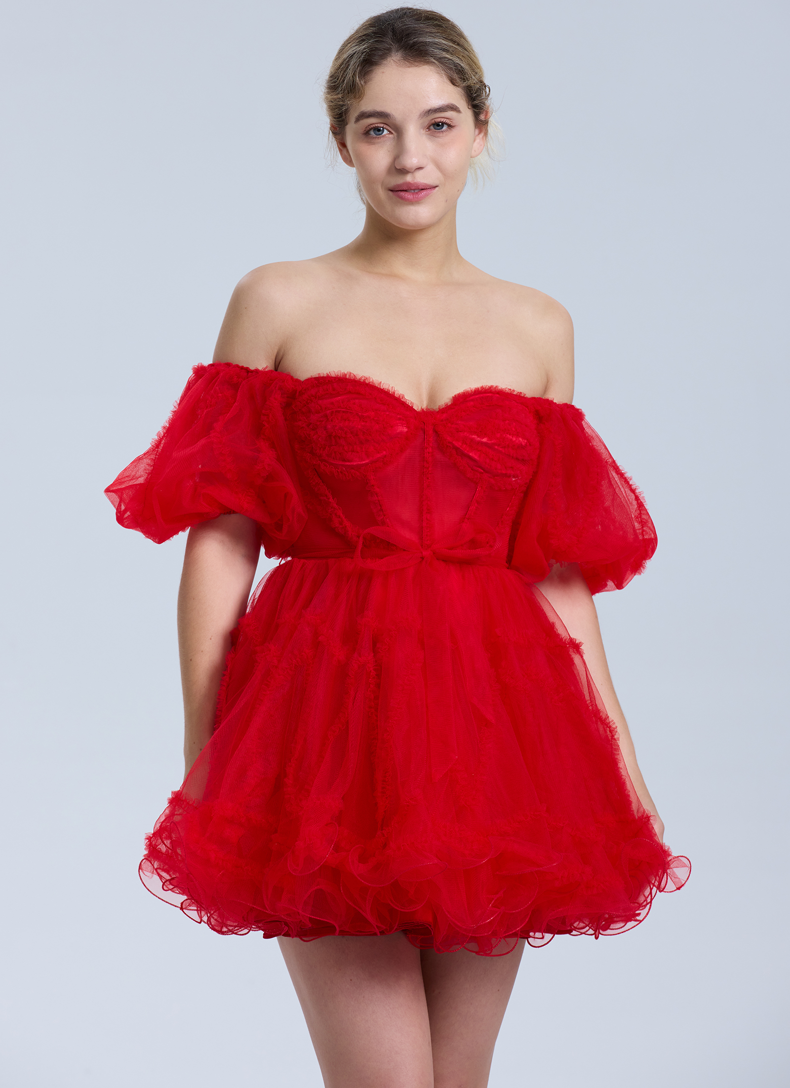 A-line Sweetheart Ruffles Tulle Puffy Sleeves Red Homecoming Dress #HC2401317