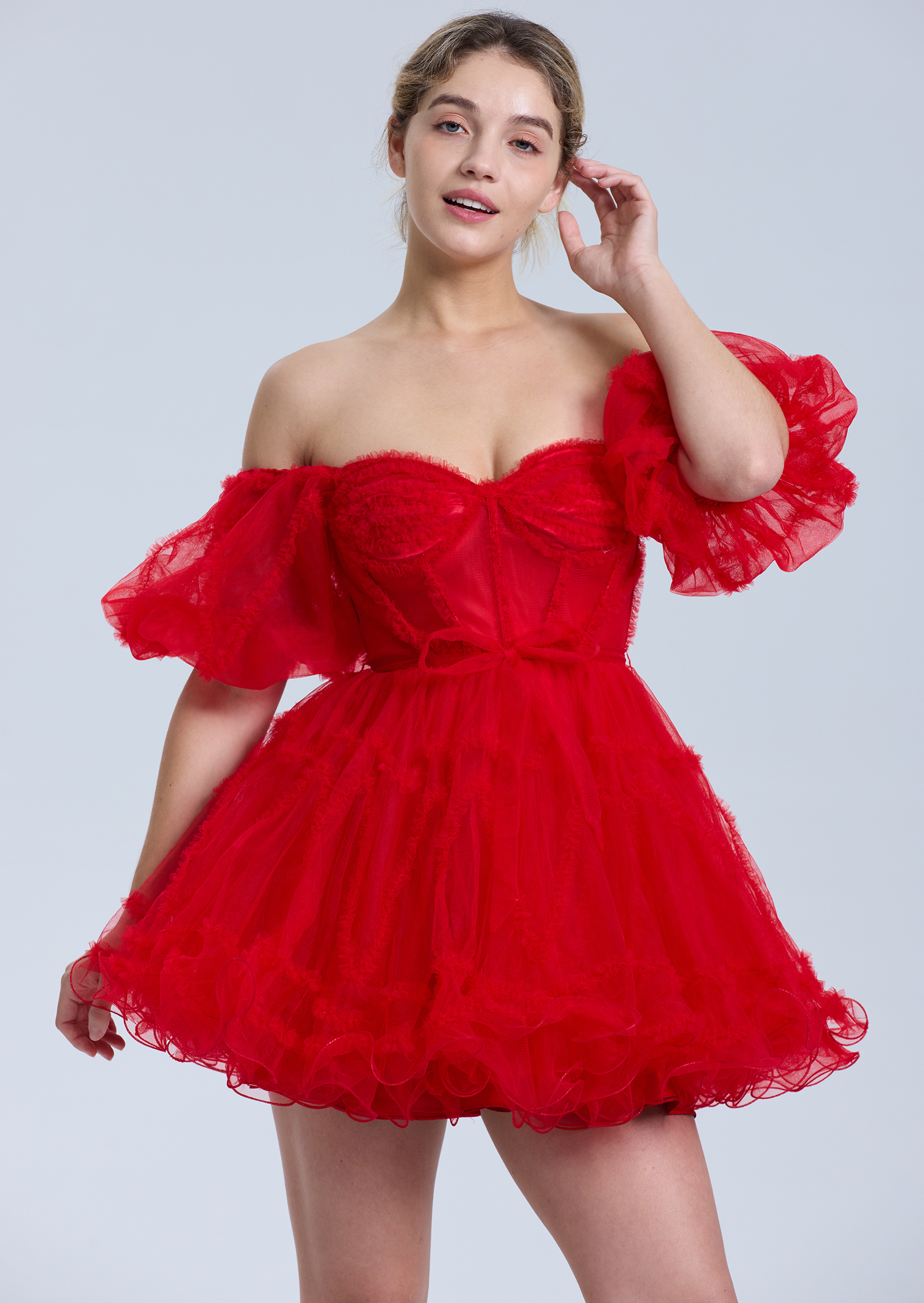 A-line Sweetheart Ruffles Tulle Puffy Sleeves Red Homecoming Dress #HC2401317