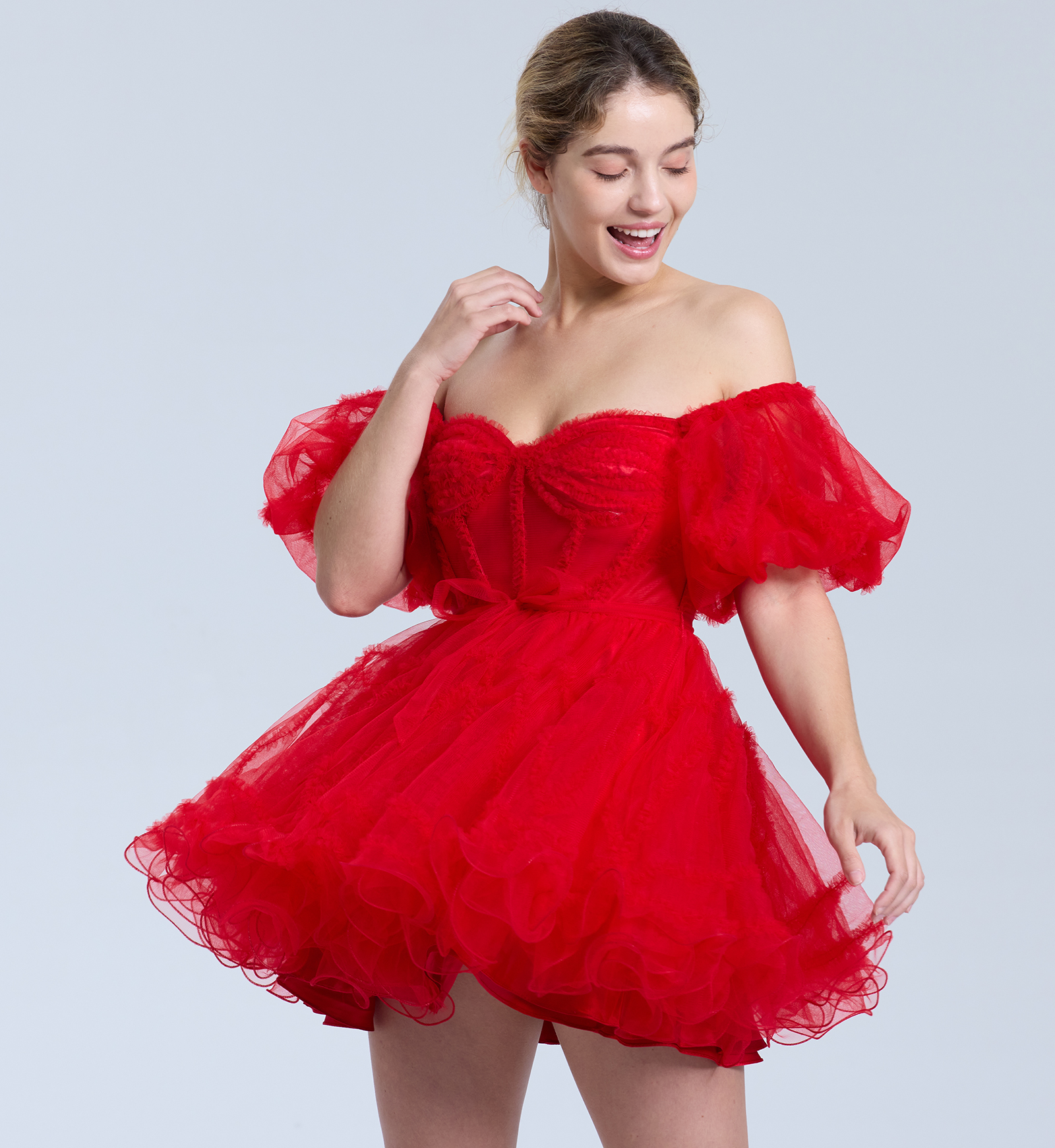 A-line Sweetheart Ruffles Tulle Puffy Sleeves Red Homecoming Dress #HC2401317