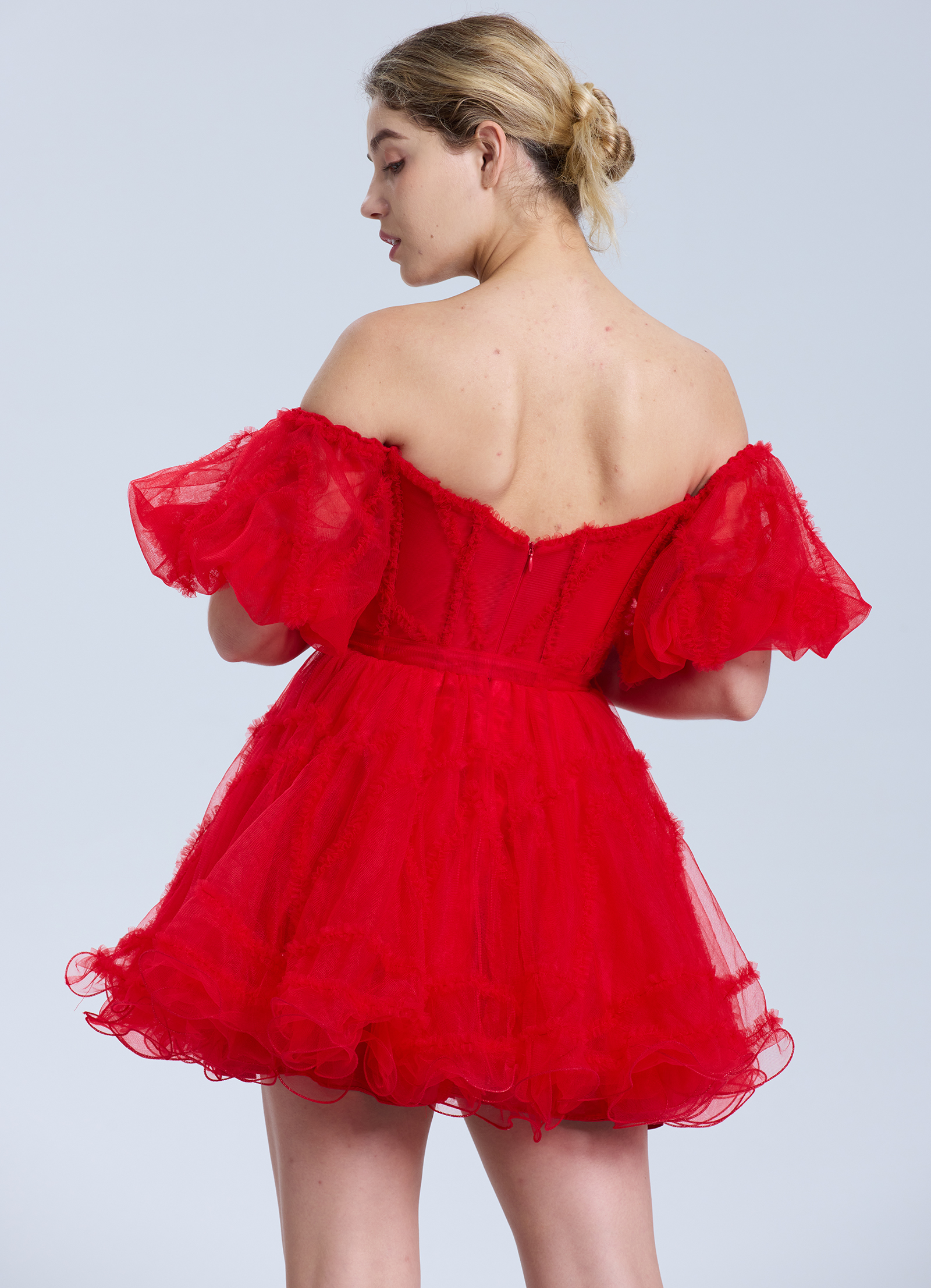 A-line Sweetheart Ruffles Tulle Puffy Sleeves Red Homecoming Dress #HC2401317