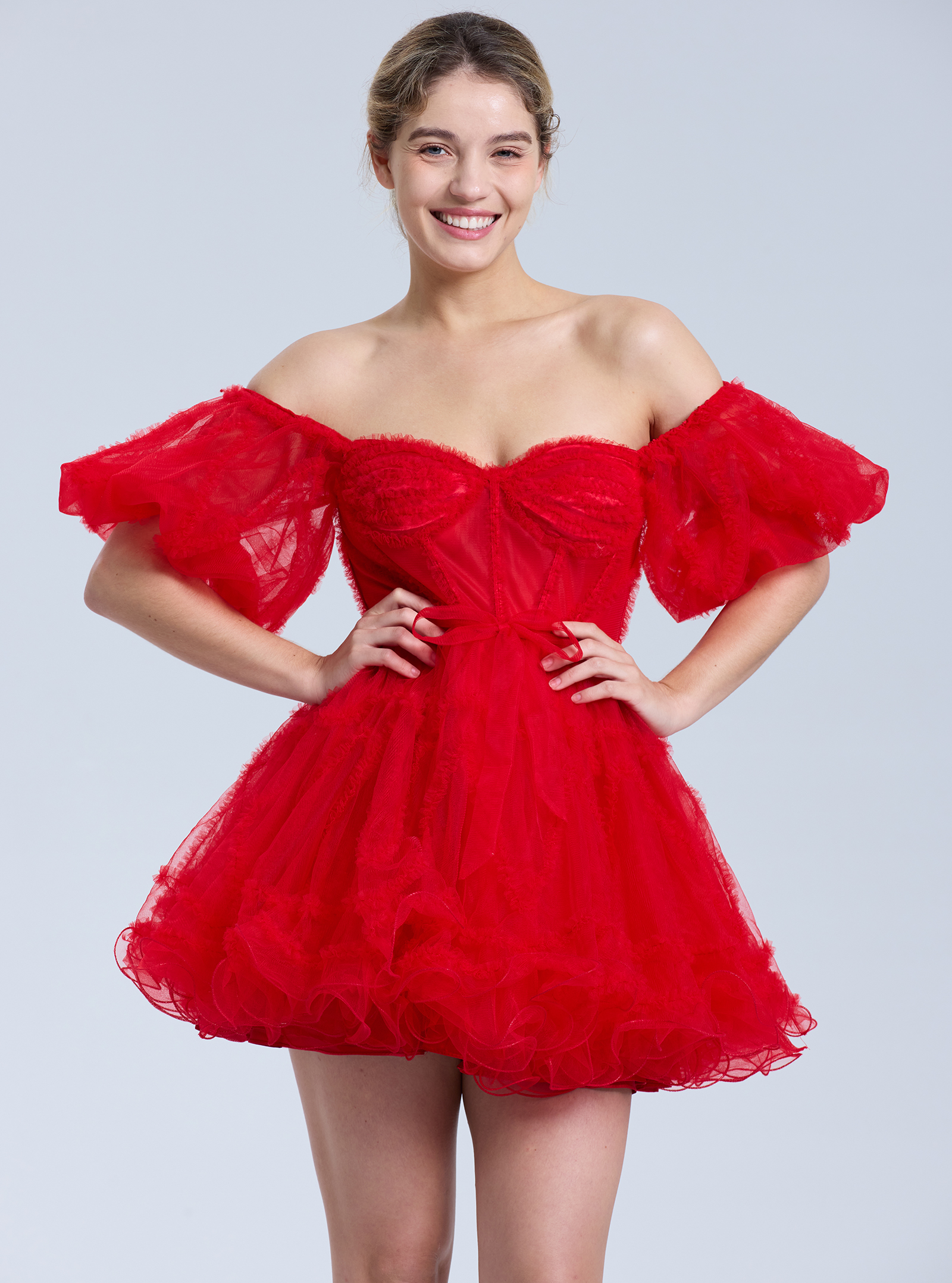 A-line Sweetheart Ruffles Tulle Puffy Sleeves Red Homecoming Dress #HC2401317