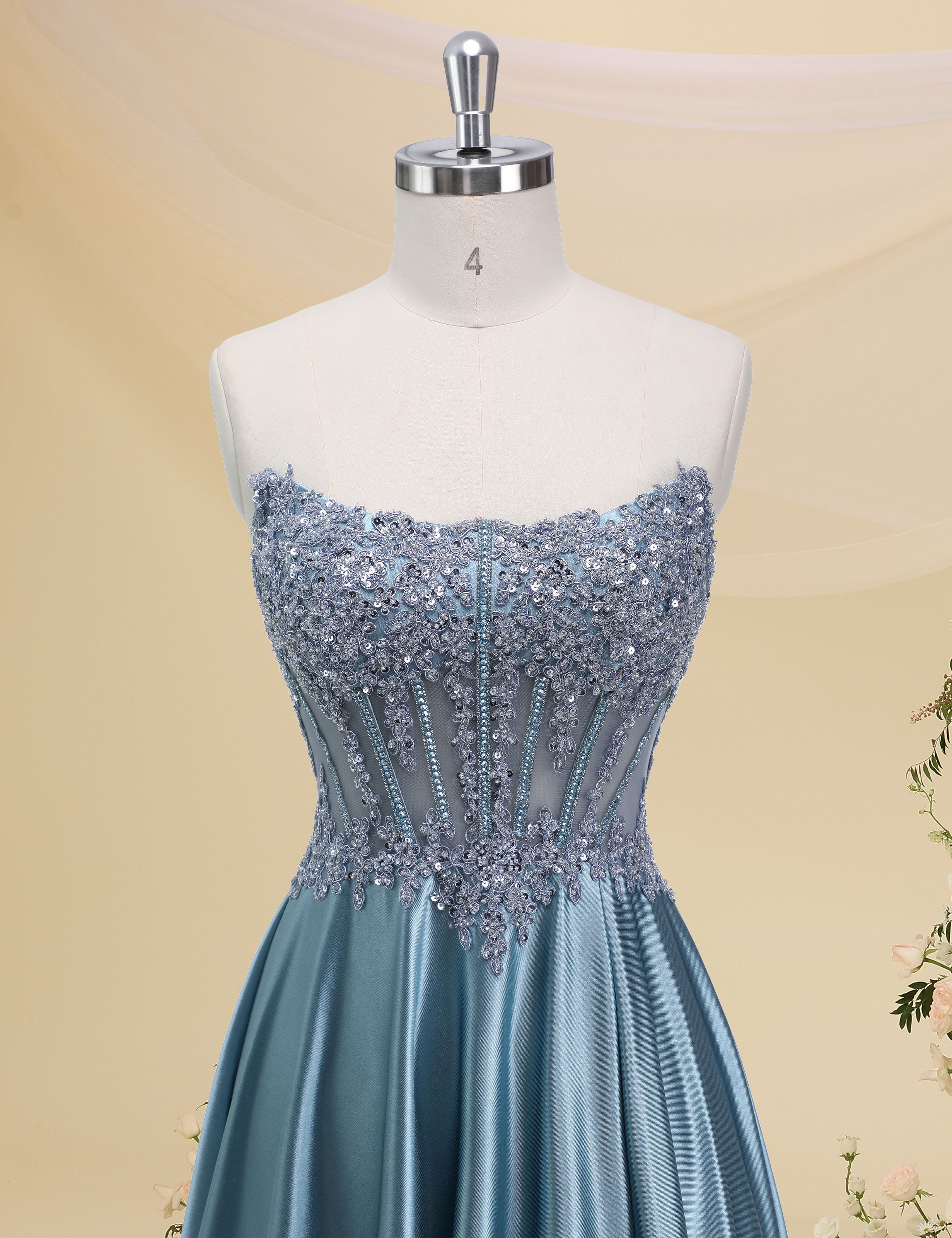 Mermaid Spaghetti Straps Satin Beaded Sequin Pleated Slit Prom Dress #PR2510011