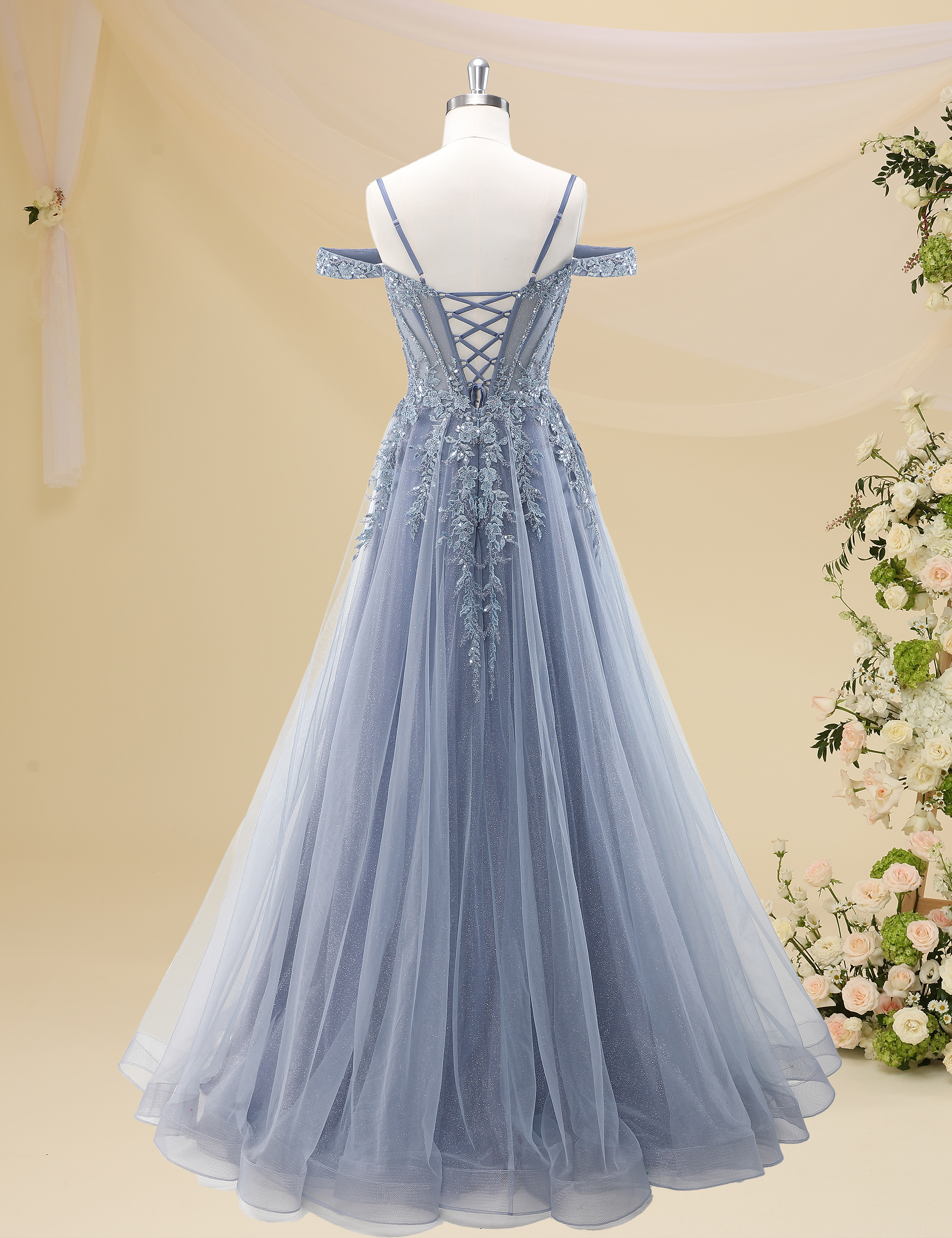 A-line Sweetheart Off Shoulder Corset Lace Appliques Sparkly Tulle Prom Dress #PR2511040