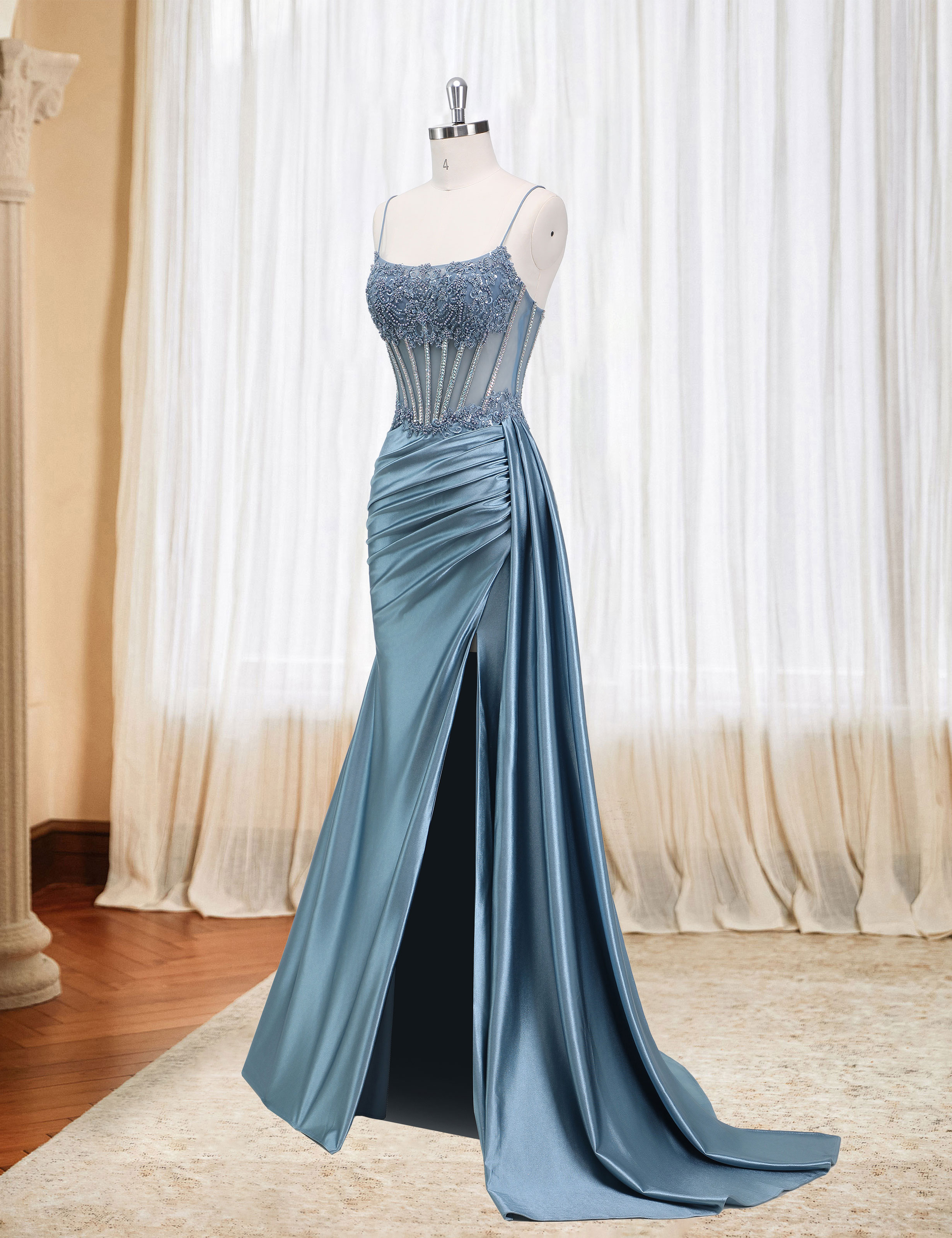 Mermaid Spaghetti Straps Pleated Satin Beaded Slit Prom Dress #PR2510011