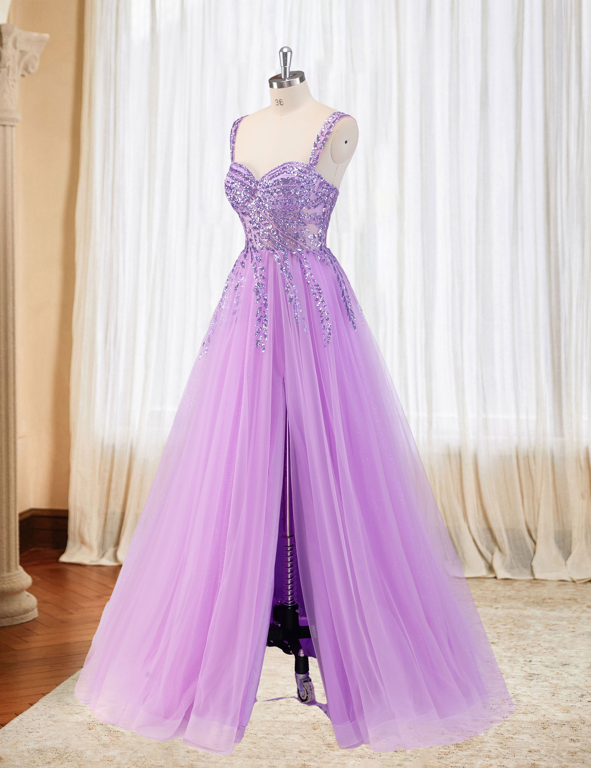 A-line Sweetheart Sparkly Tulle Sequins Beaded Slit Corset Prom Dress #PR2512071