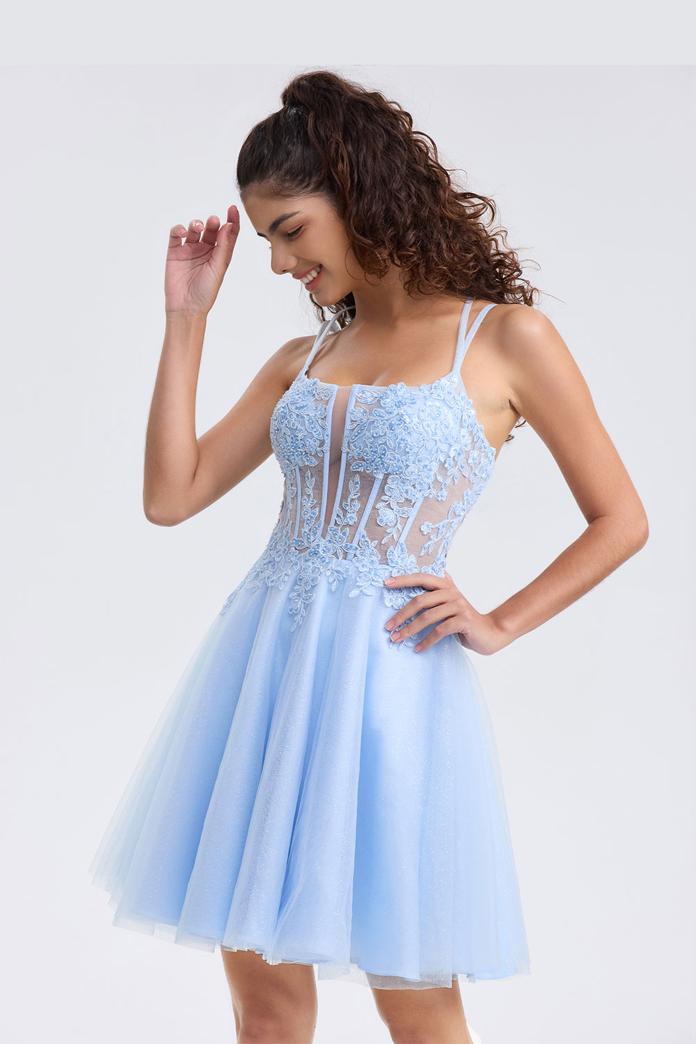 A-line Spaghetti Strap Tulle Lace Appliques Cocktail Homecoming Dress #HC2402129