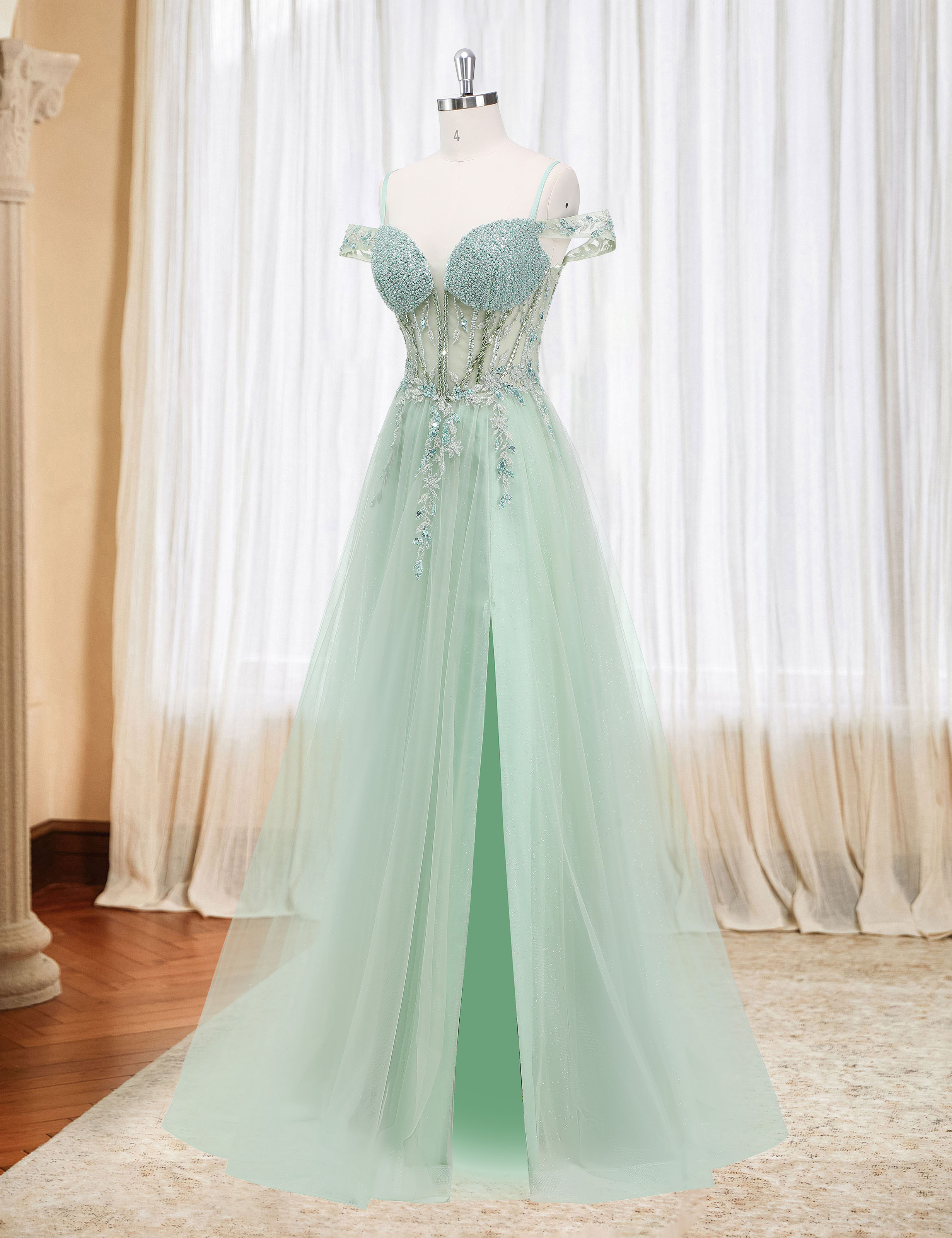 A-line Sweetheart Beaded Sparkly Tulle Lace Appliques Prom Dress #PR2510005