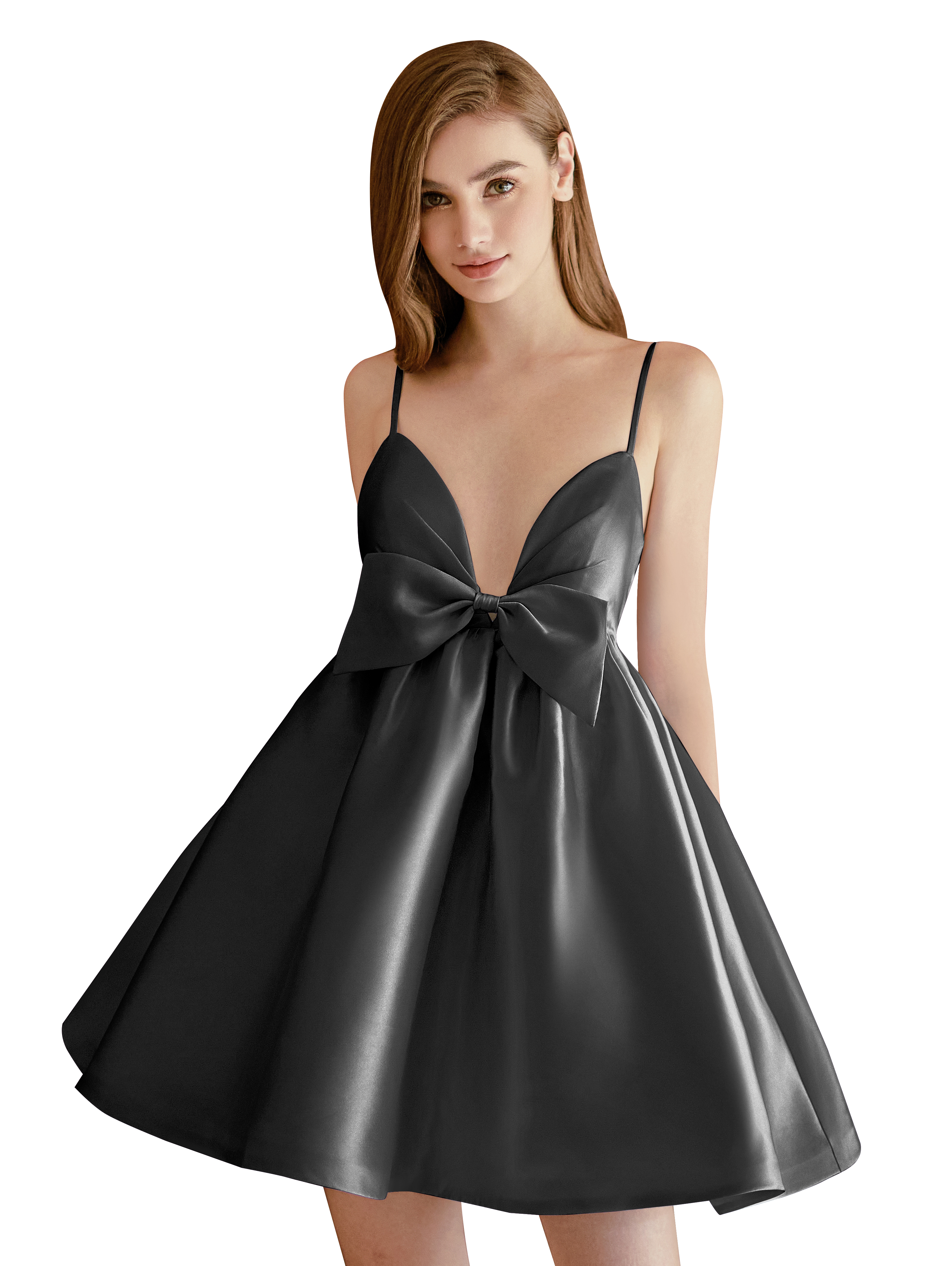 A-line V-neck Spaghetti Strap Satin Cocktail Party Homecoming Dress with Bows #HC2604024