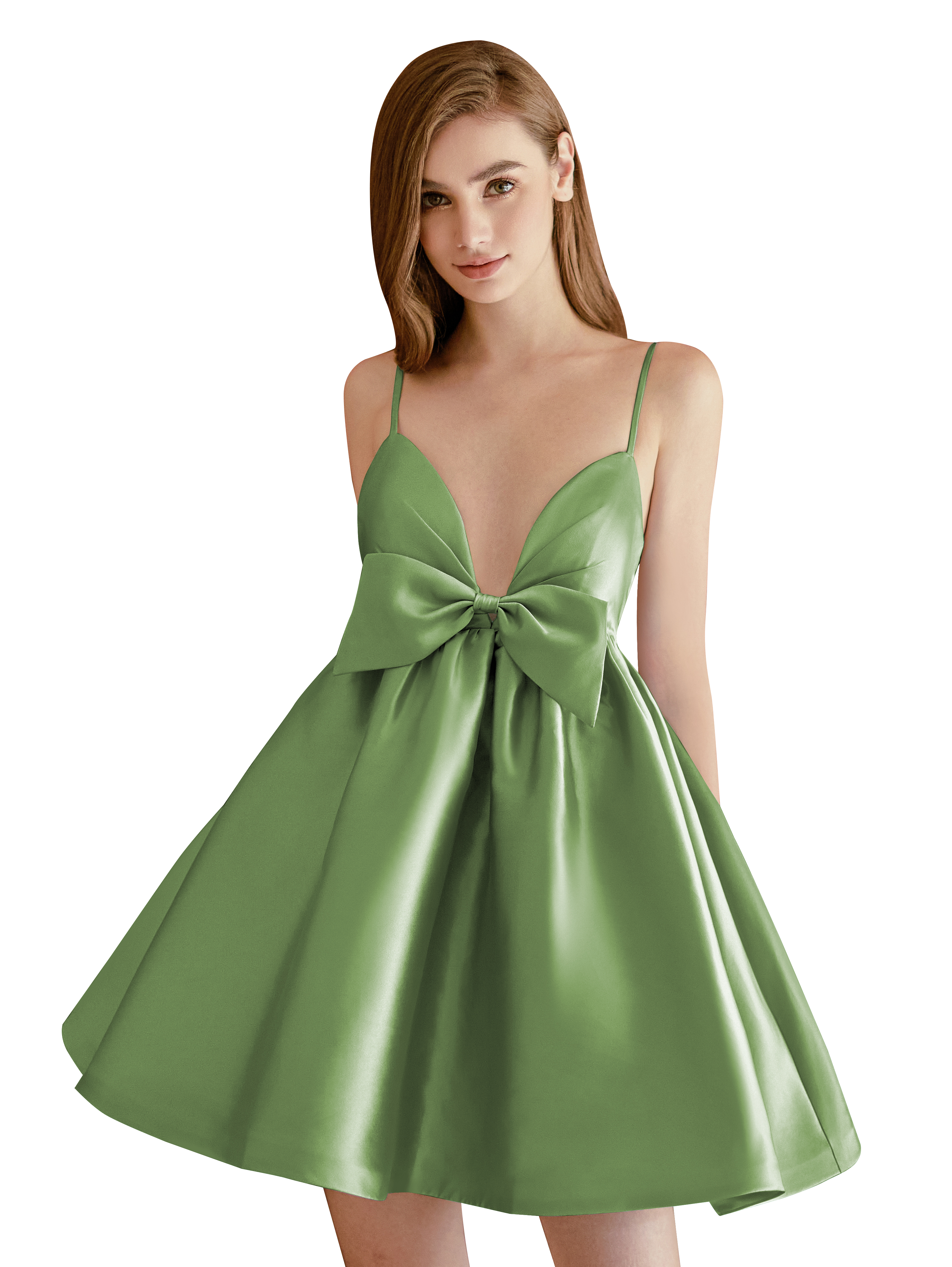 A-line V-neck Spaghetti Strap Satin Cocktail Party Homecoming Dress with Bows #HC2604024