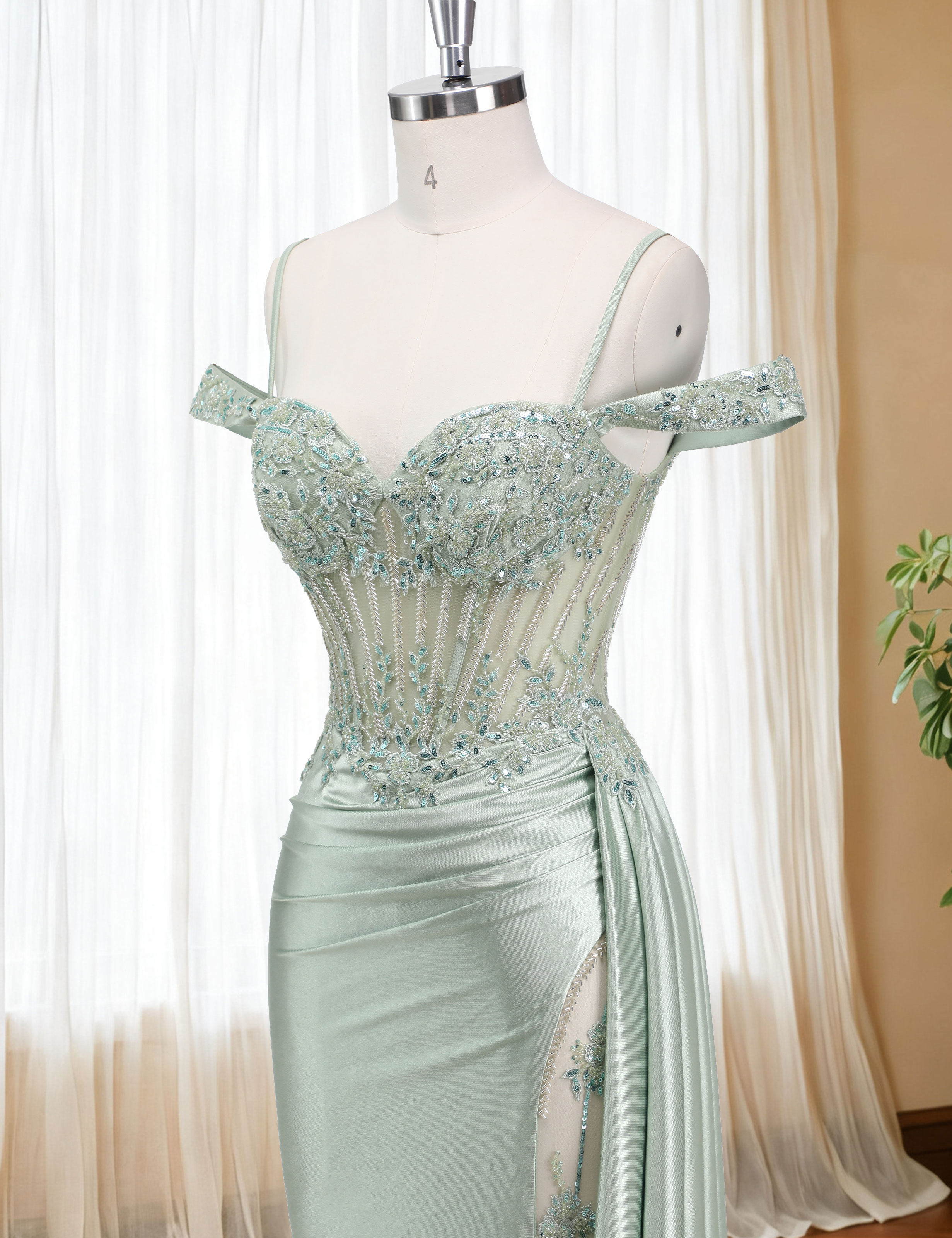 Mermaid Off Shoulder Beaded Sequin Appliques Satin Slit Prom Dress #PR2510009