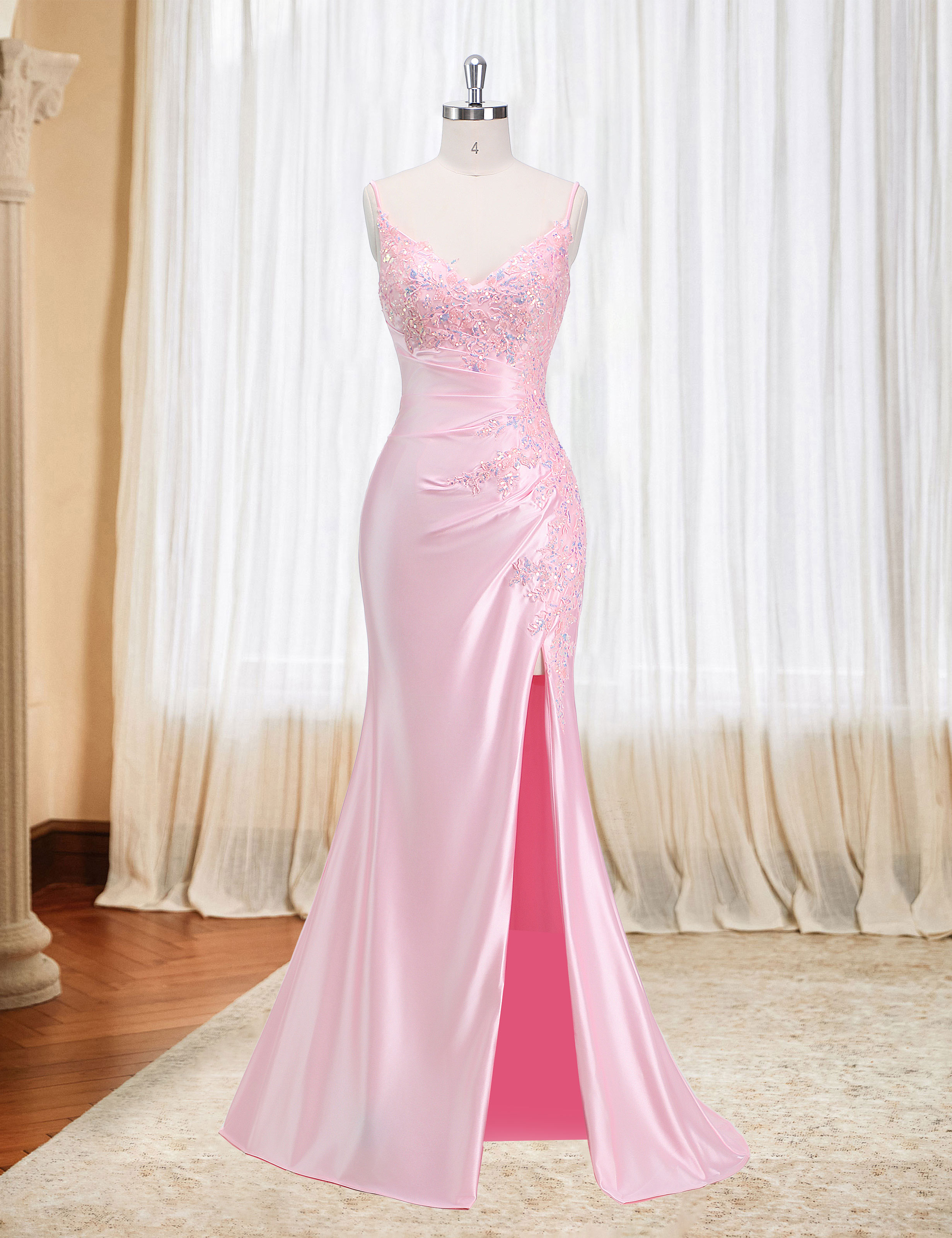 Mermaid V-neck Spaghetti Straps Beaded Lace Appliques Prom Dress #PR2510012