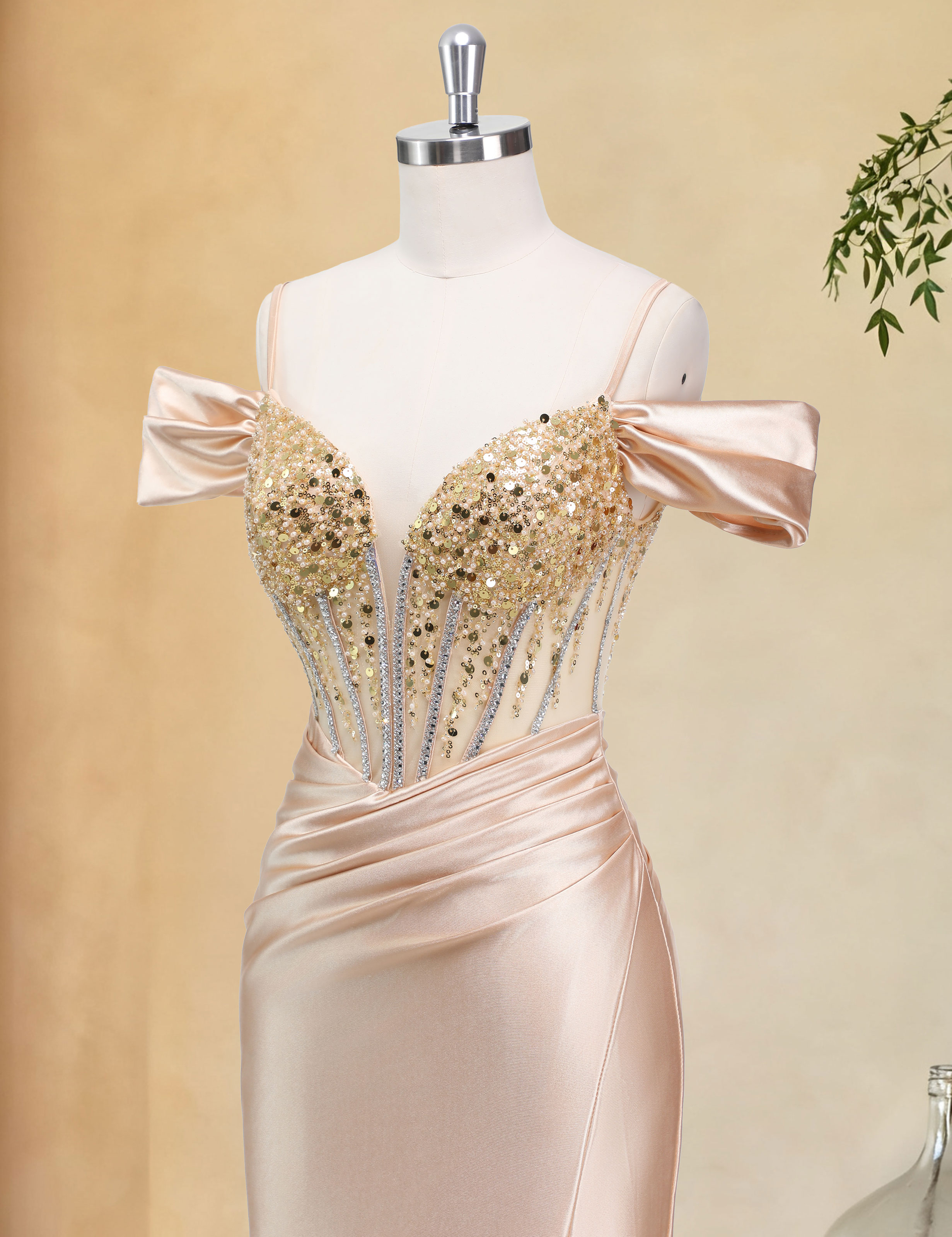 Mermaid V-neck Off Shoulder Beaded Sequin Satin Slit Prom Dress #PR2510014