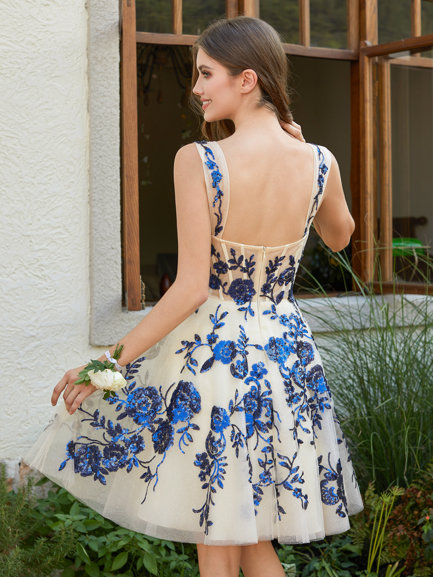 A-line Sweetheart Sparkly Tulle Floral Sequin Homecoming Dress #HC2402136