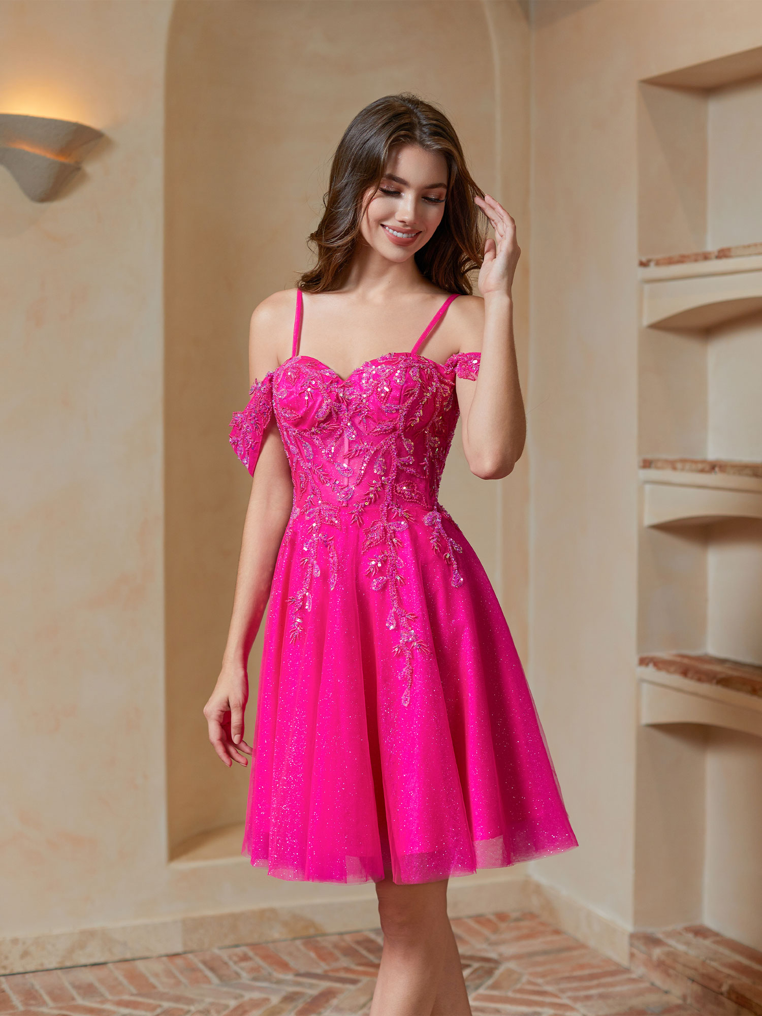 A-line Spaghetti Straps Lace Applique Cocktail Party Homecoming Dress #HC2401237