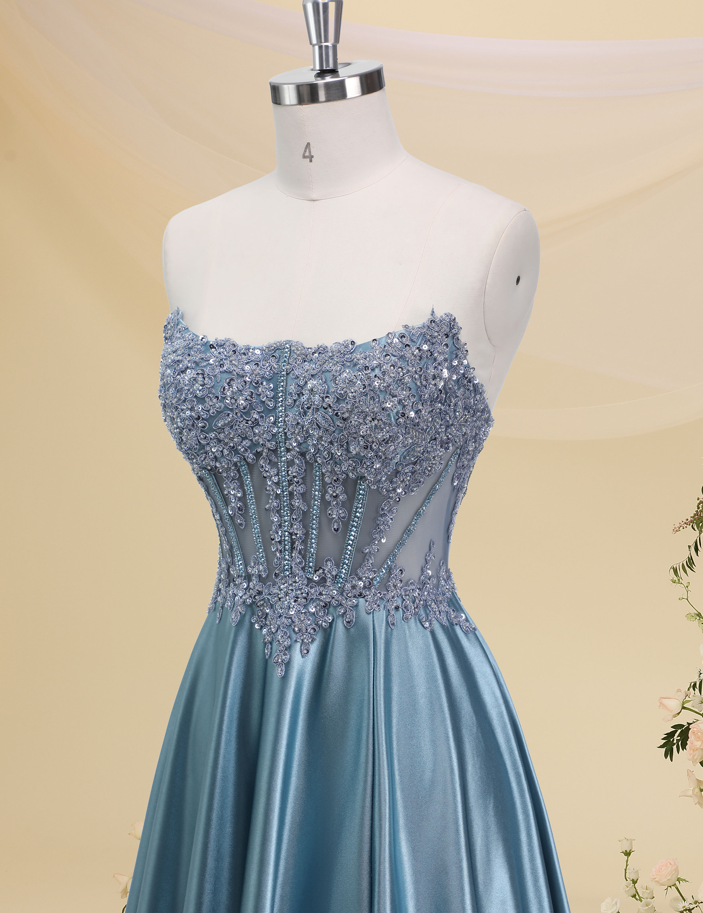 Mermaid Spaghetti Straps Satin Beaded Sequin Pleated Slit Prom Dress #PR2510011