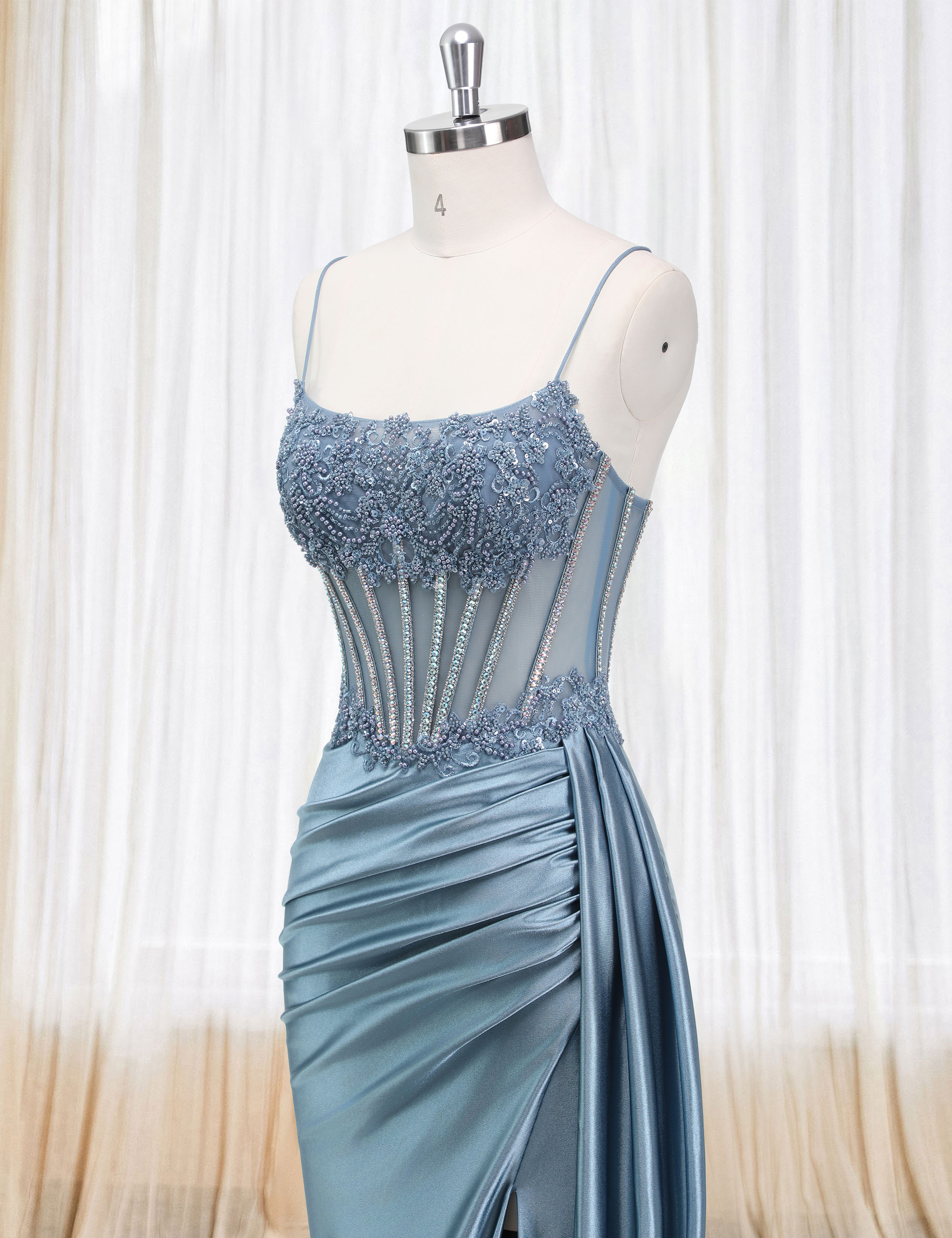 Mermaid Spaghetti Straps Pleated Satin Beaded Slit Prom Dress #PR2510011
