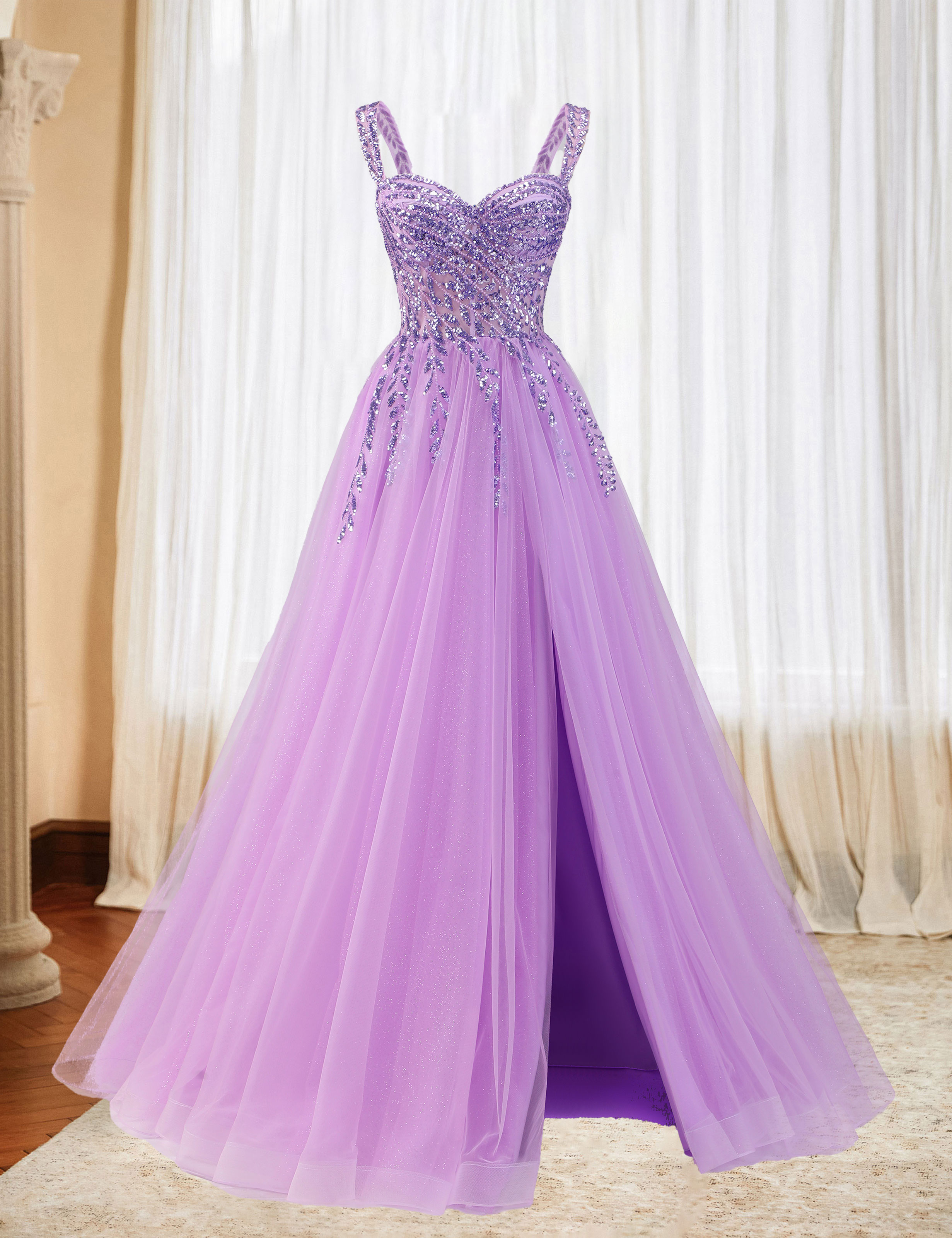 A-line Sweetheart Sparkly Tulle Sequins Beaded Slit Corset Prom Dress #PR2512071