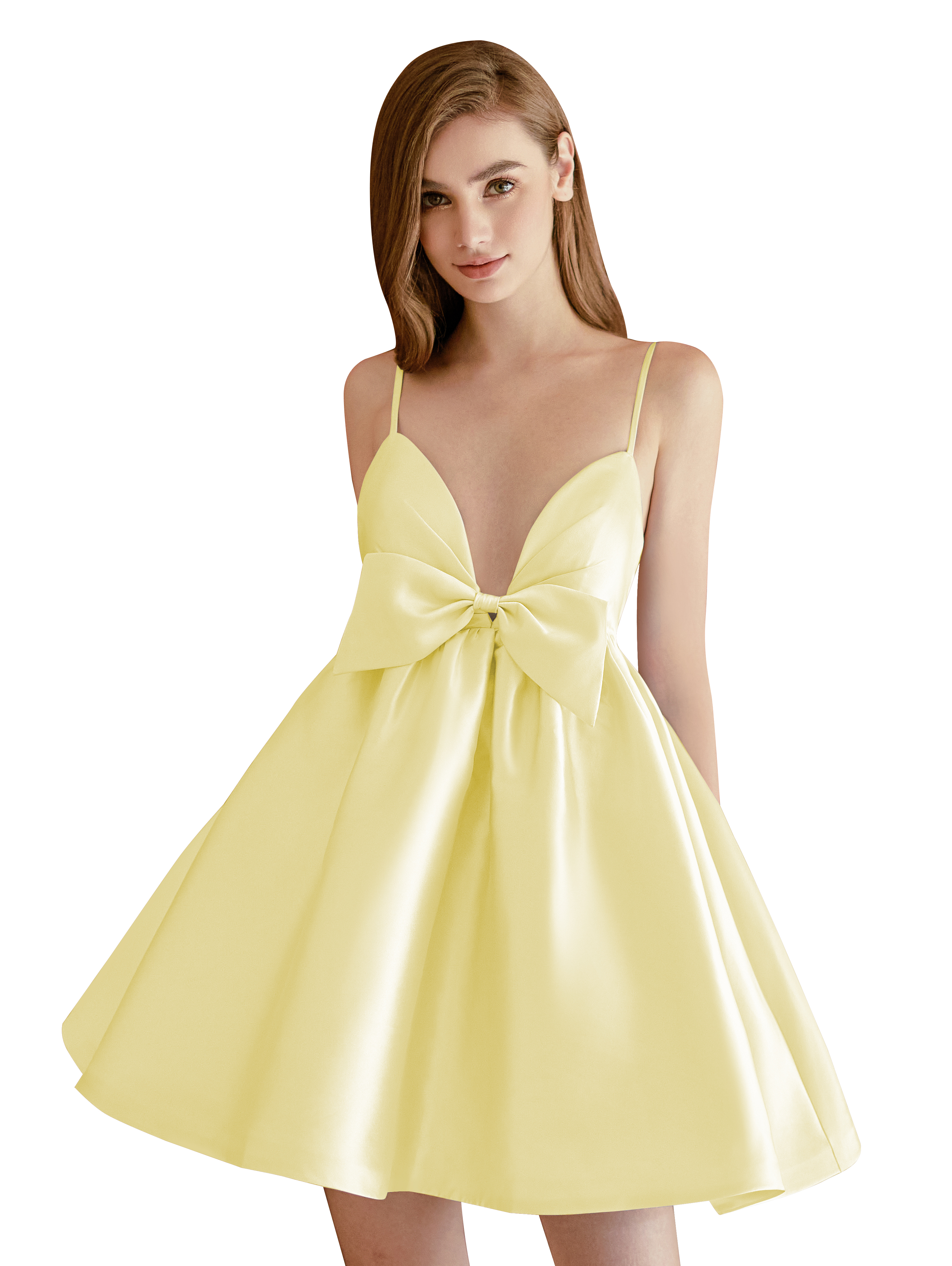 A-line V-neck Spaghetti Strap Satin Cocktail Party Homecoming Dress with Bows #HC2604024