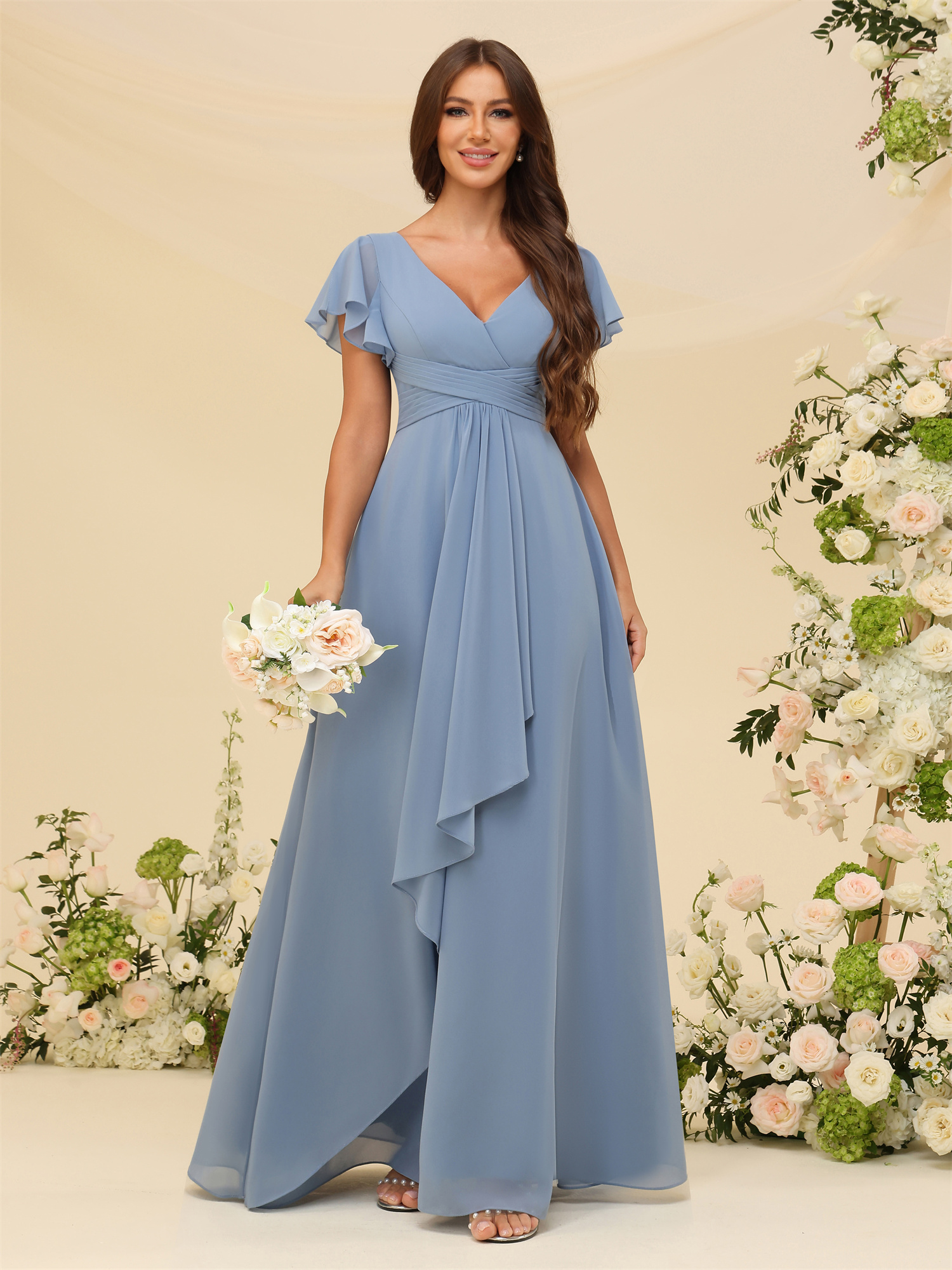 A-line V-neck Chiffon Silt Bridesmaid Dress #BM2507217