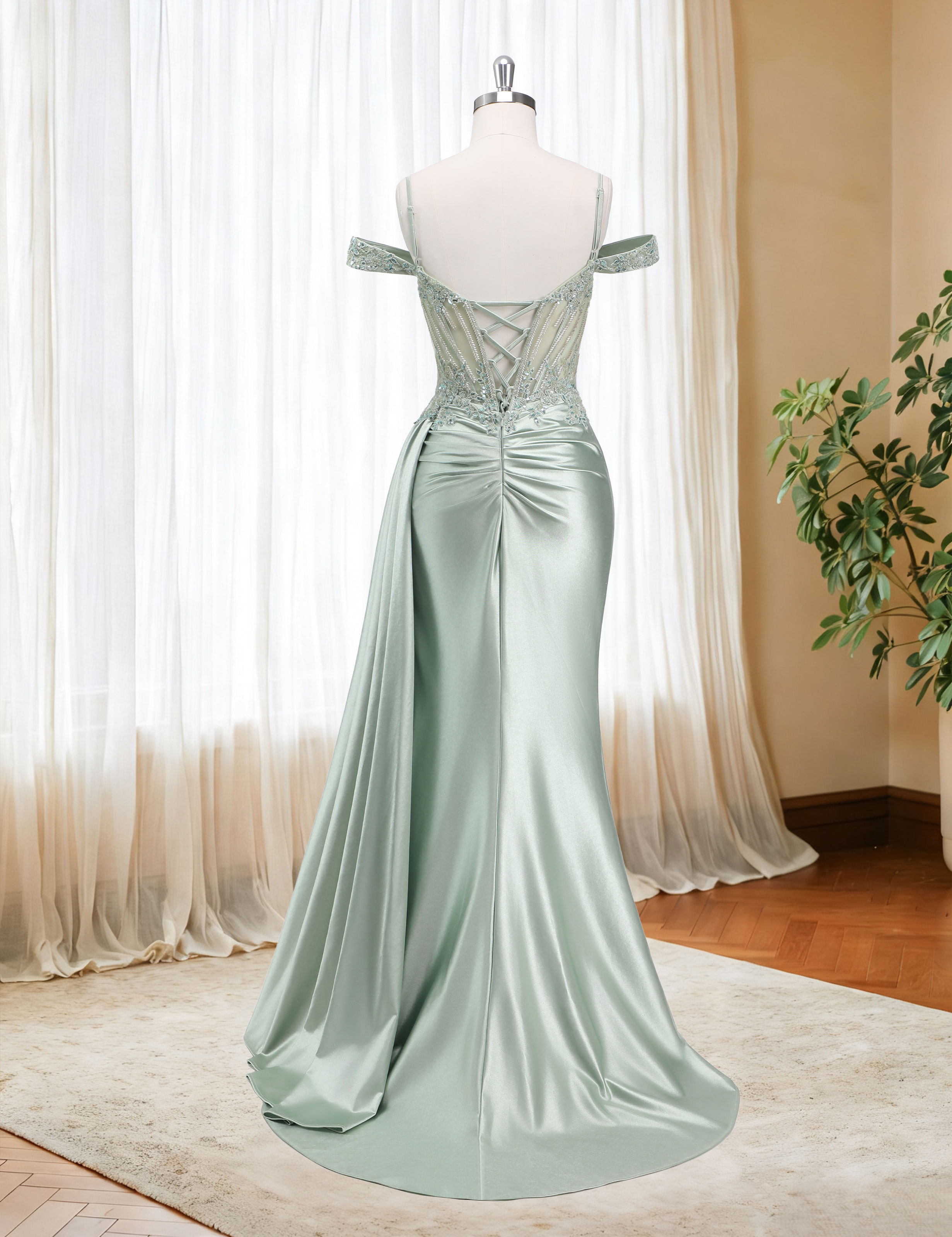 Mermaid Off Shoulder Beaded Sequin Appliques Satin Slit Prom Dress #PR2510009